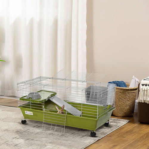 Small Animal Cage, Rolling Bunny Cage, Guinea Pig Cage with Food Dish, Water Bottle, Hay Feeder, Platform, Ramp, Green