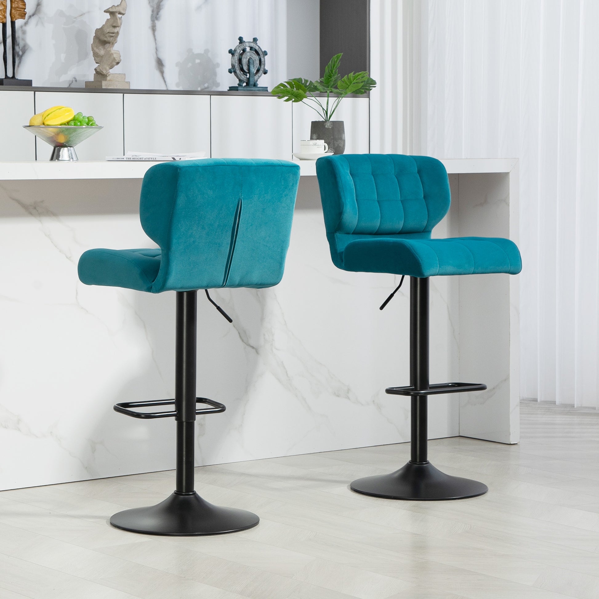 Swivel Tufted Velvet-feel Fabric Barstools Set of 2 Adjustable Bar Stools with Footrest for Counter Dining Room Blue Bar Stools   at Gallery Canada