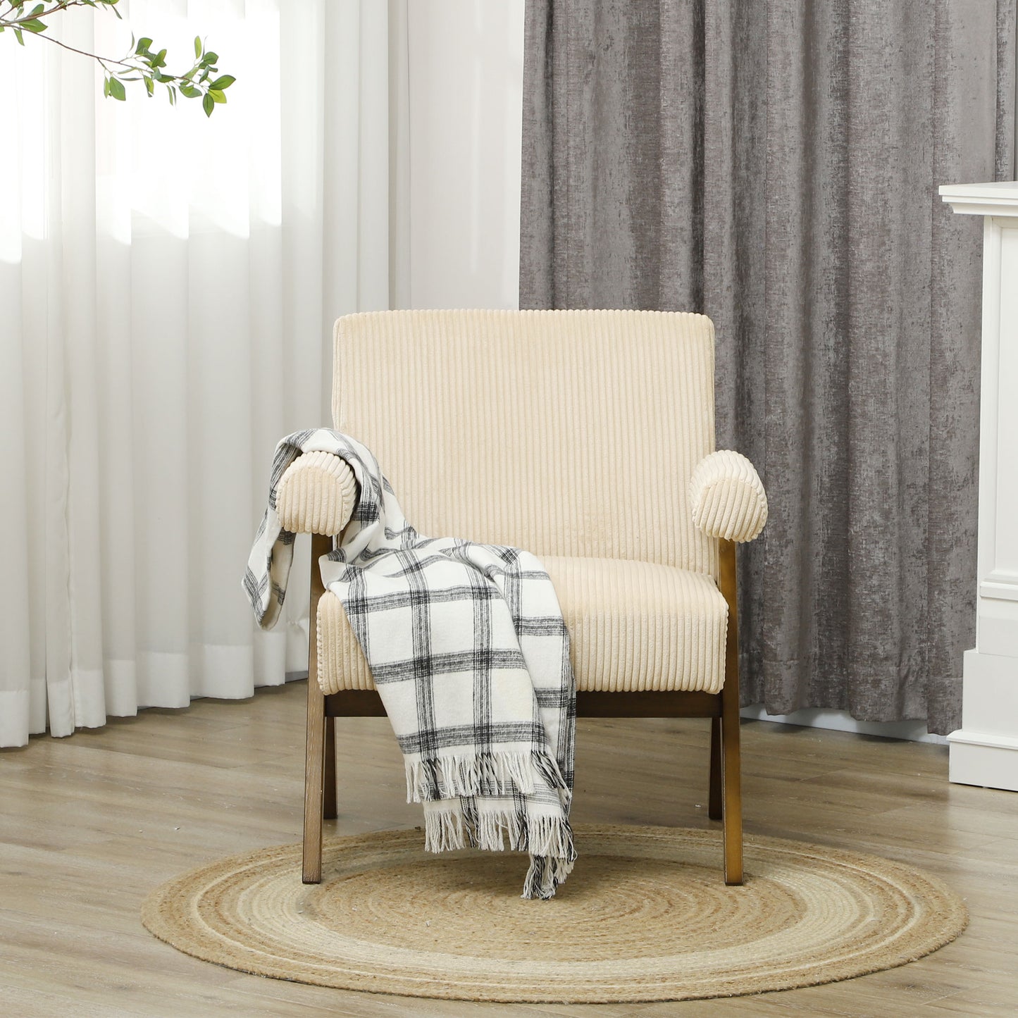 Corduroy Accent Chair Armchair with Wide Seat and Soft Padded Armrests for Reading, Bedroom, Beige Accent Chairs   at Gallery Canada