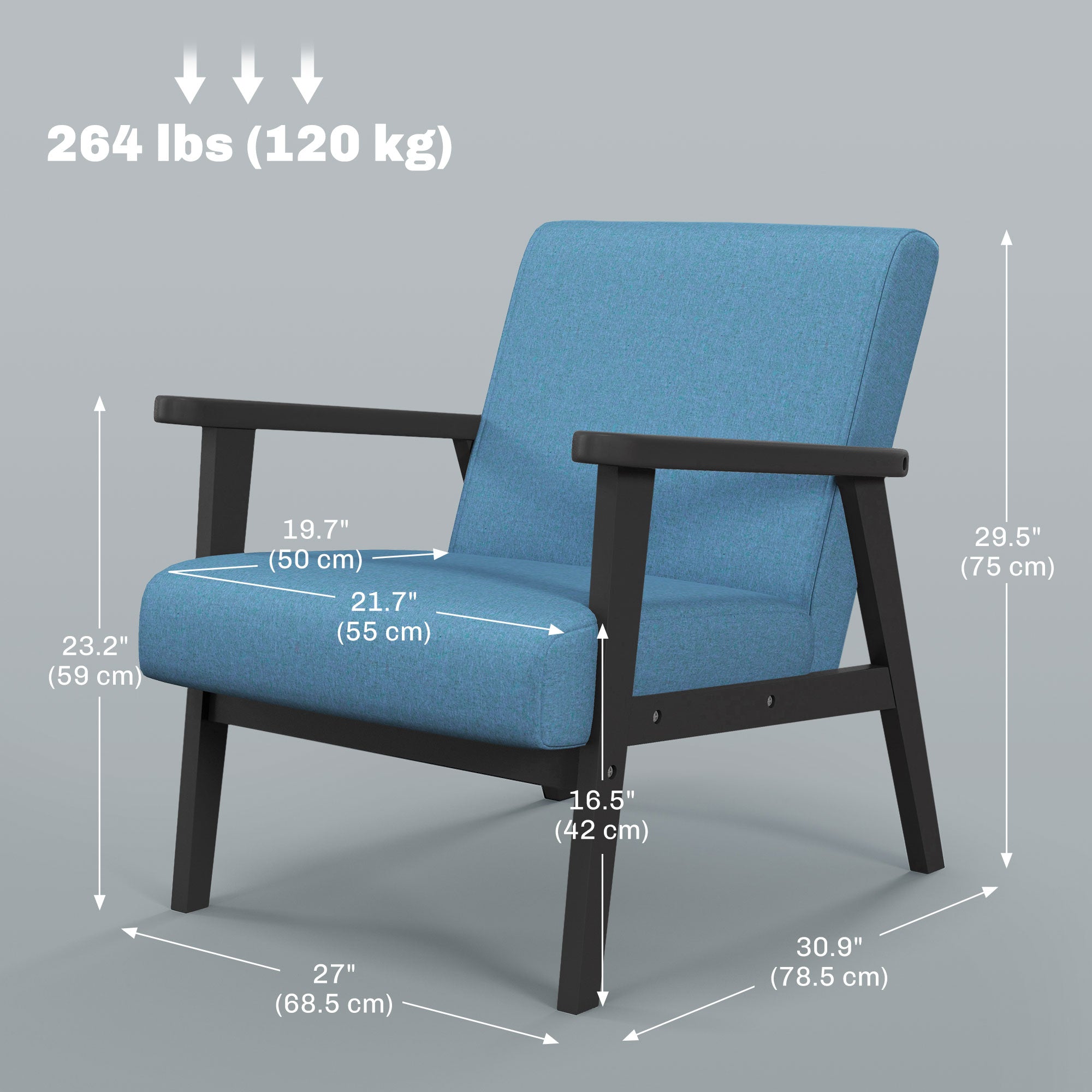 Mid-Century Modern Accent Chair Retro Fabric Armchair Wooden Arm Upholstered Lounge Chair for Living Room Blue Accent Chairs   at Gallery Canada