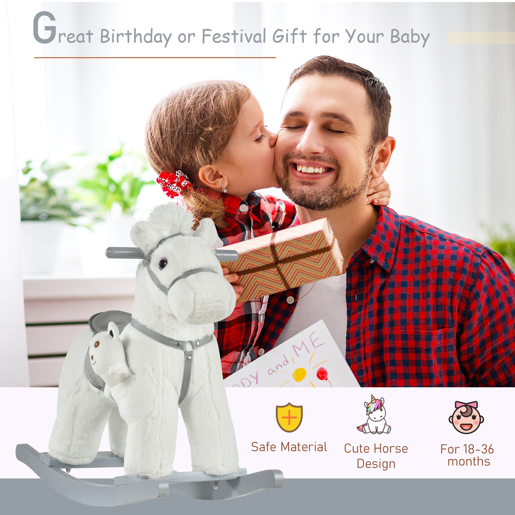 Kids Plush Ride-On Rocking Horse with Bear Toy, Children Chair with Soft Plush Toy &; Fun Realistic Sounds, White Rocking Horses at Gallery Canada