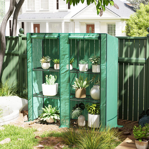Lean-to Greenhouse with 3 Tier Shelves, Mini Greenhouse with 2 Roll-Up Doors for Indoor Outdoor, Green