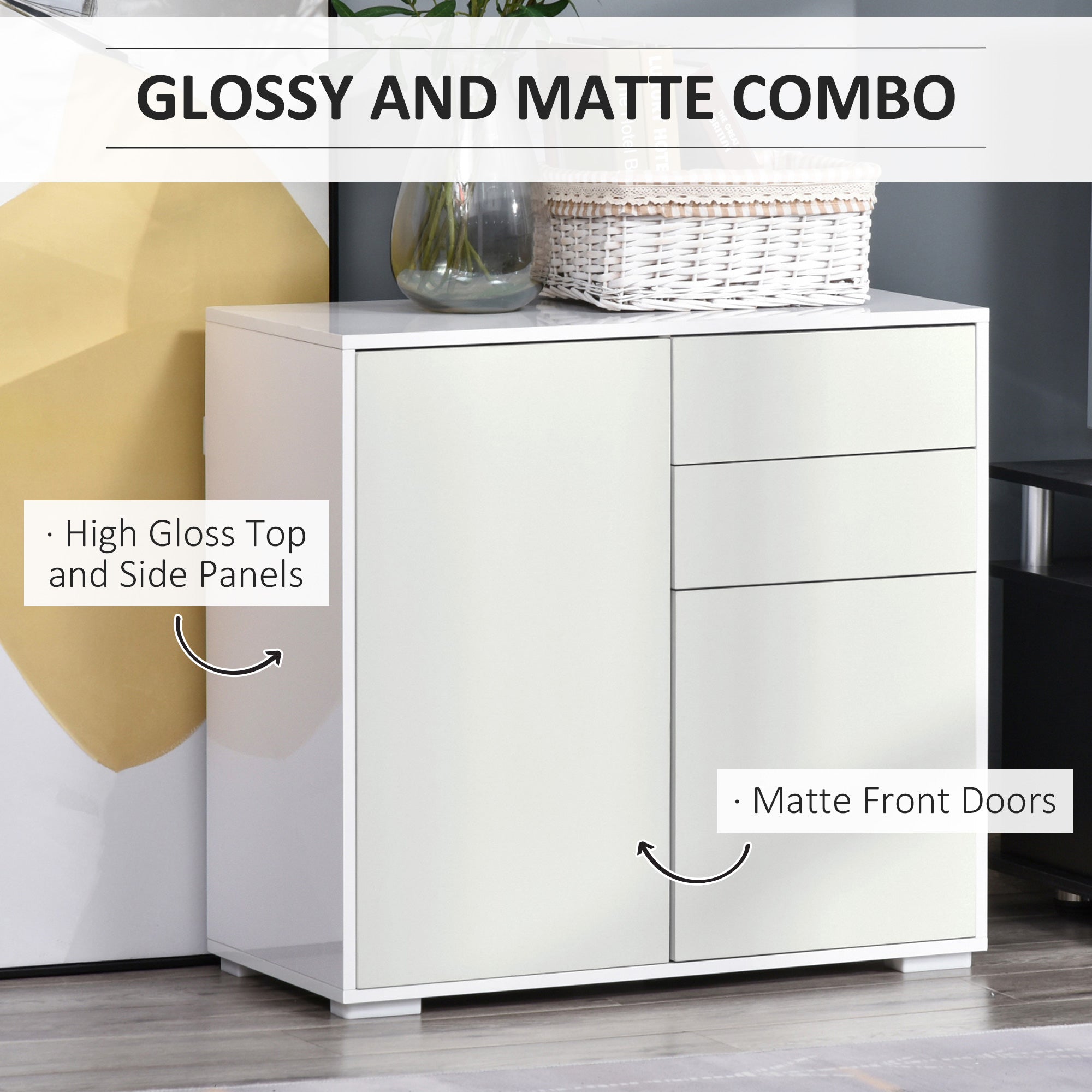 High Gloss Buffet Sideboard with 2 Drawers, 2 Doors and Adjustable Shelf, Kitchen Storage Cabinet with Push Open Design, White Bar Cabinets at Gallery Canada