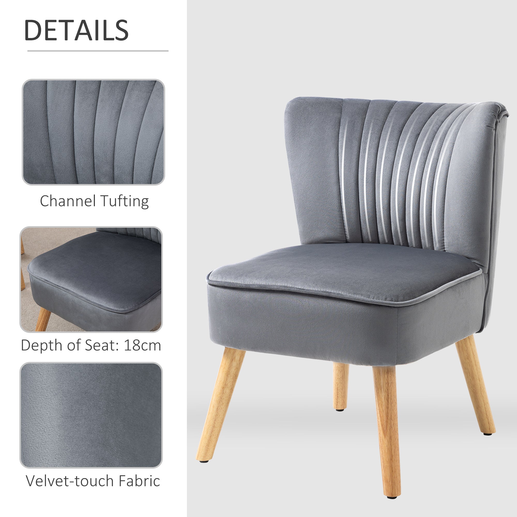 Velvet Armless Chair, Modern Accent Chair for Living Room with Wood Legs and Thick Padding, Grey Accent Chairs   at Gallery Canada