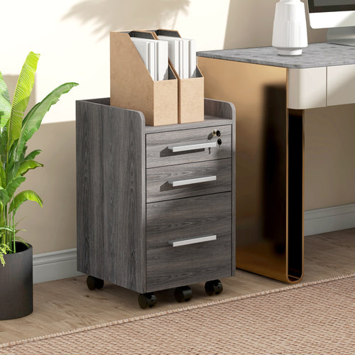 3 Drawer Vertical File Cabinet, Mobile Filing Cabinet with Lock and Wheels for A4, Letter Size, Grey