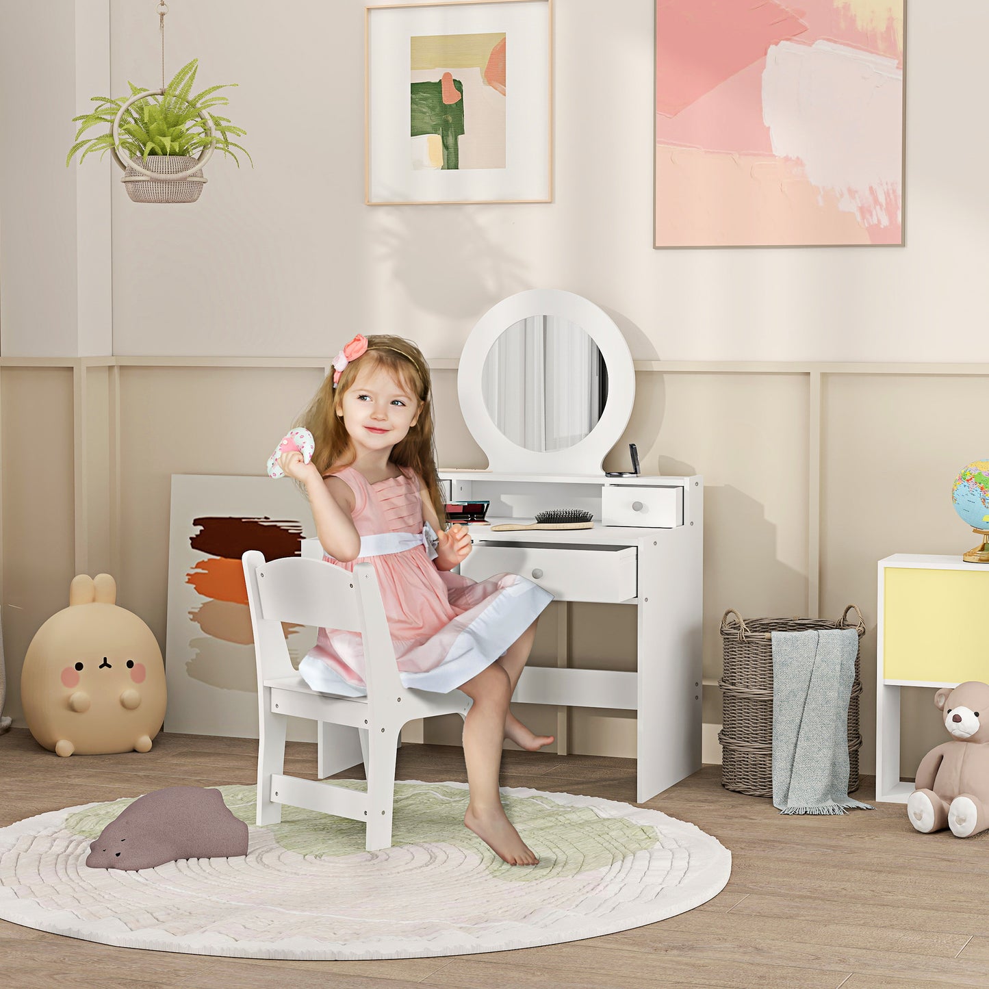 Kids Vanity Set, Children Makeup Table with Mirror, Stool and Storage Drawers, for Ages 3-8, White Toy Vanity White  at Gallery Canada