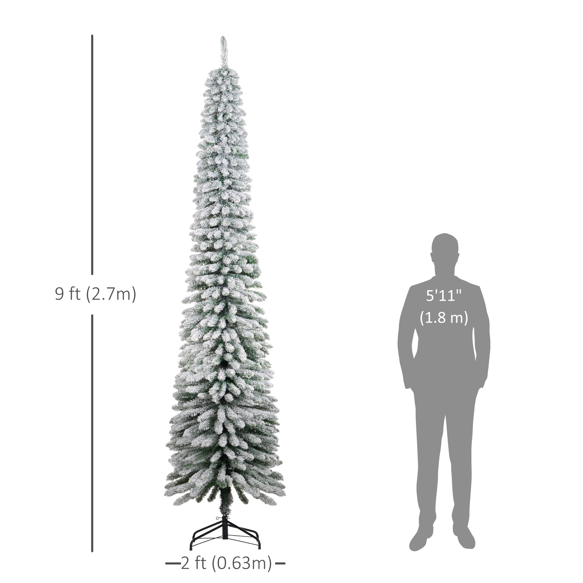 9ft Snow-Flocked Artificial Christmas Tree, Slim Pencil Xmas Tree with 714 Realistic Branches, Metal Base, Green Flocked Christmas Trees at Gallery Canada