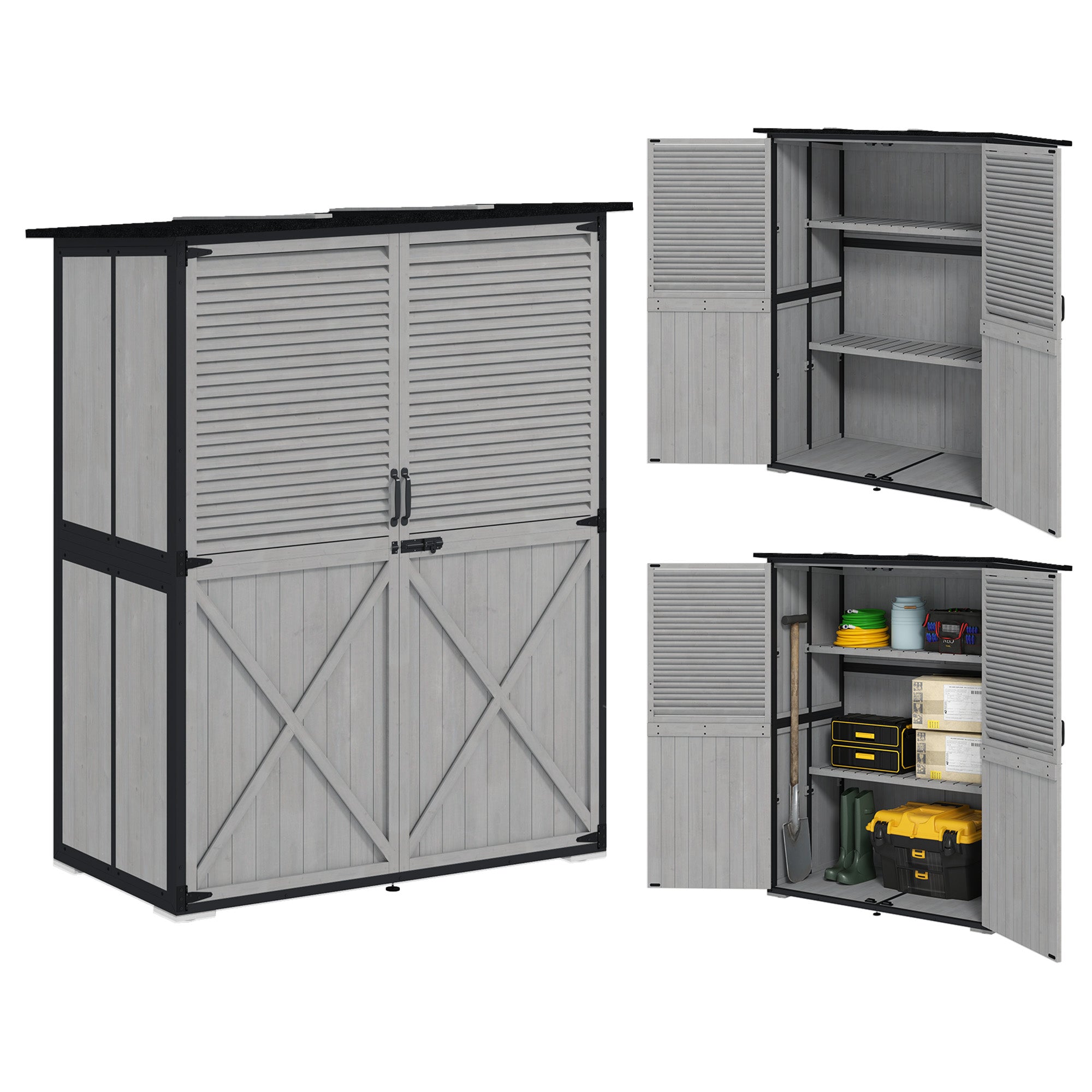 Outdoor Storage Cabinet, Wood Garden Shed with Steel Frame, Asphalt Roof, 2 Shelves and Lockable Doors, Grey Sheds at Gallery Canada