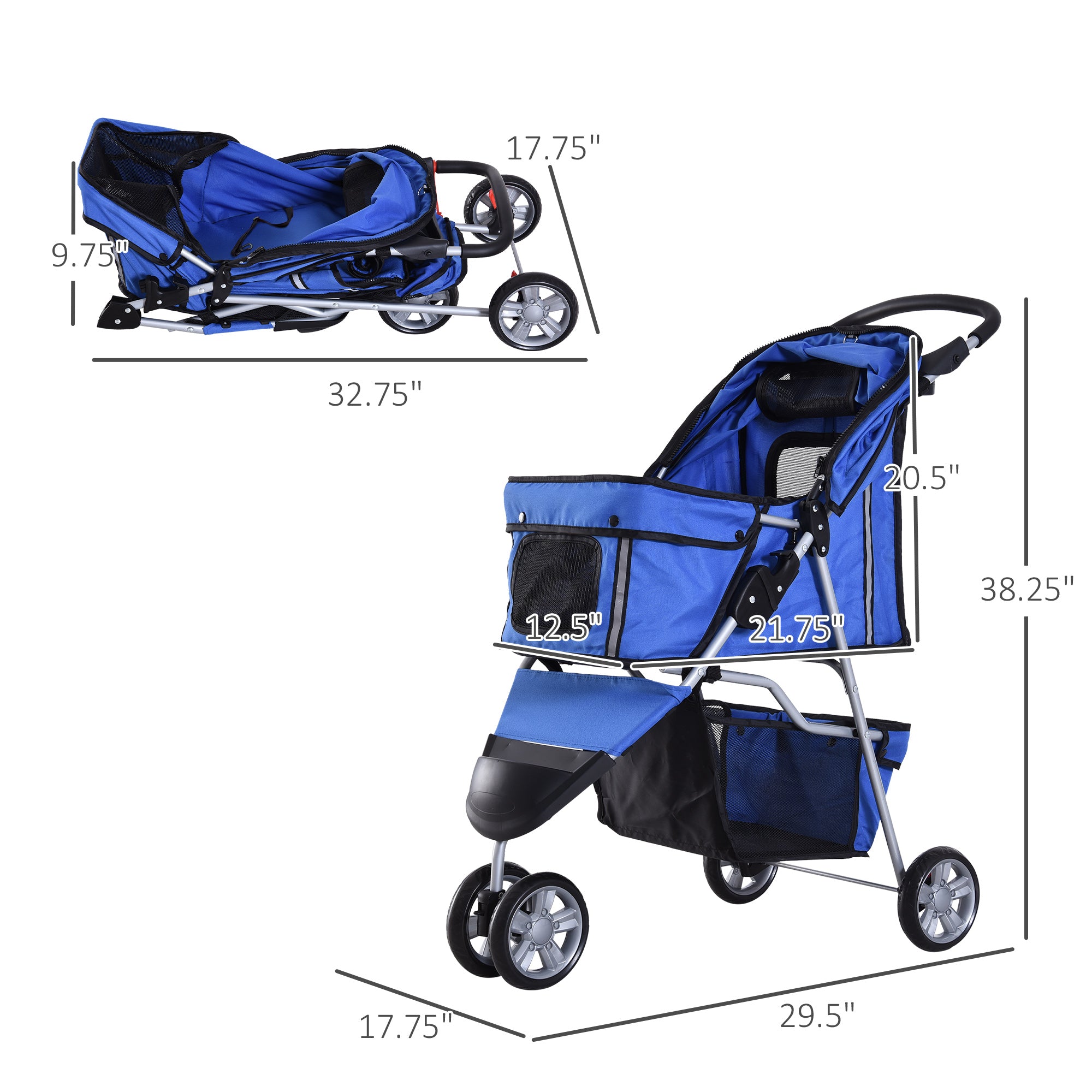 3 Wheels Foldable Dog Stroller with Storage Basket, Adjustable Canopy, Cupholder for Miniature and Small Dogs, Blue Dog Bike Trailers & Strollers at Gallery Canada