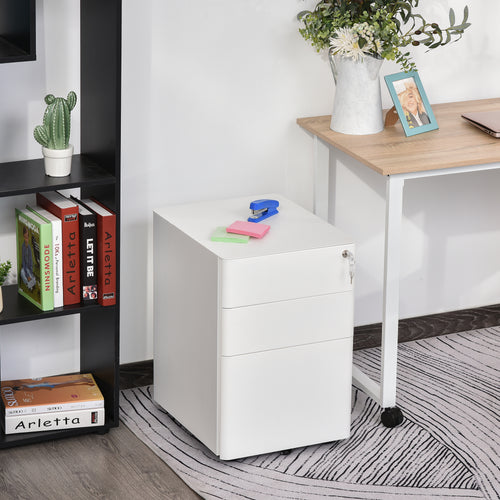 3 Drawer Filing Cabinet, Steel Home Office Storage Cabinet with Wheels, Lock for A4, Letters, Legal-sized Files, White