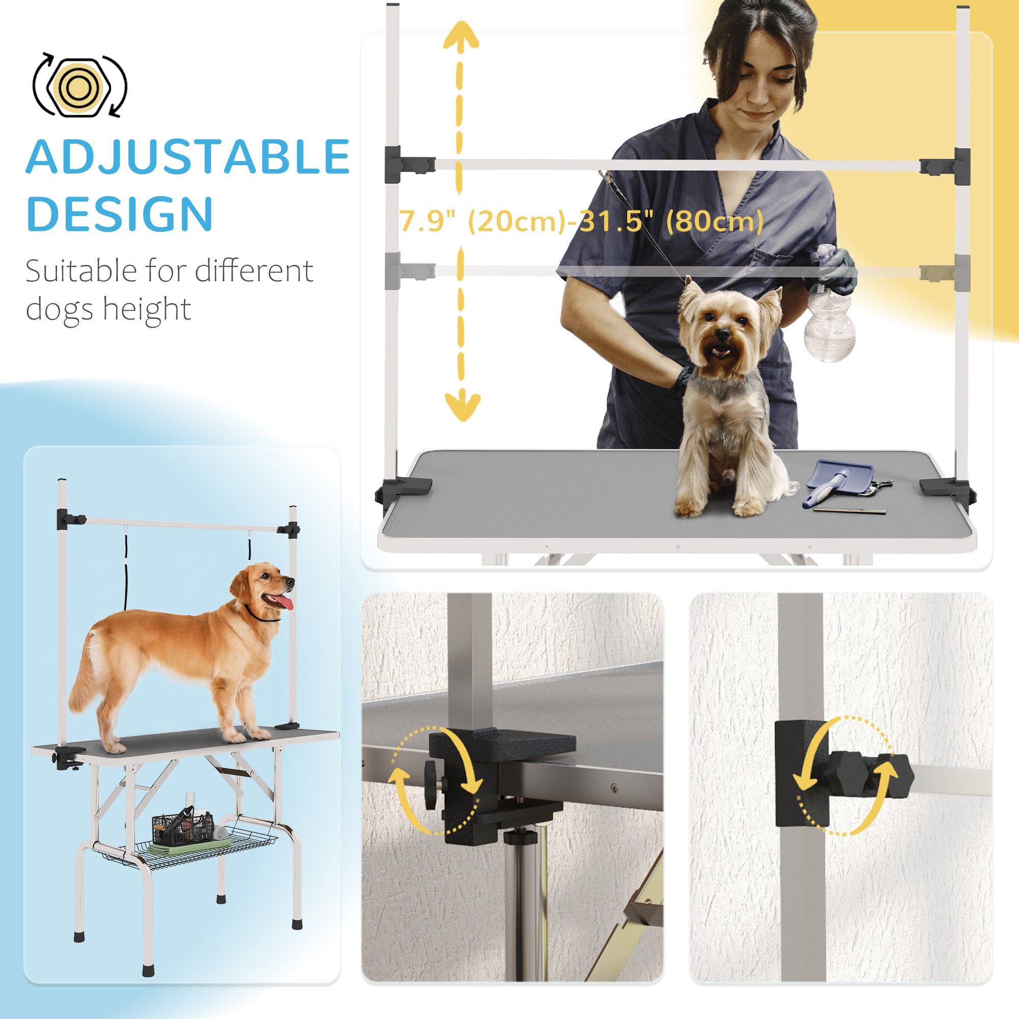Adjustable Dog Grooming Table with 2 Safety Slings, Storage Basket, Grey Dog Grooming Tables at Gallery Canada