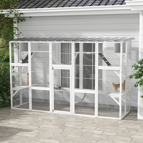 Large Outdoor Catio with Condos, Platforms, Doors, Ladders, Weather-Resistant Roof, White