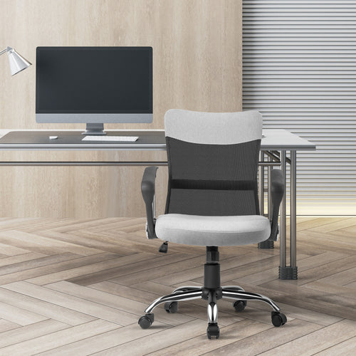 Mid Back Office Chair, Linen-feel Mesh Computer Desk Chair with Lumbar Back Support, Arm, Adjustable Height, Grey