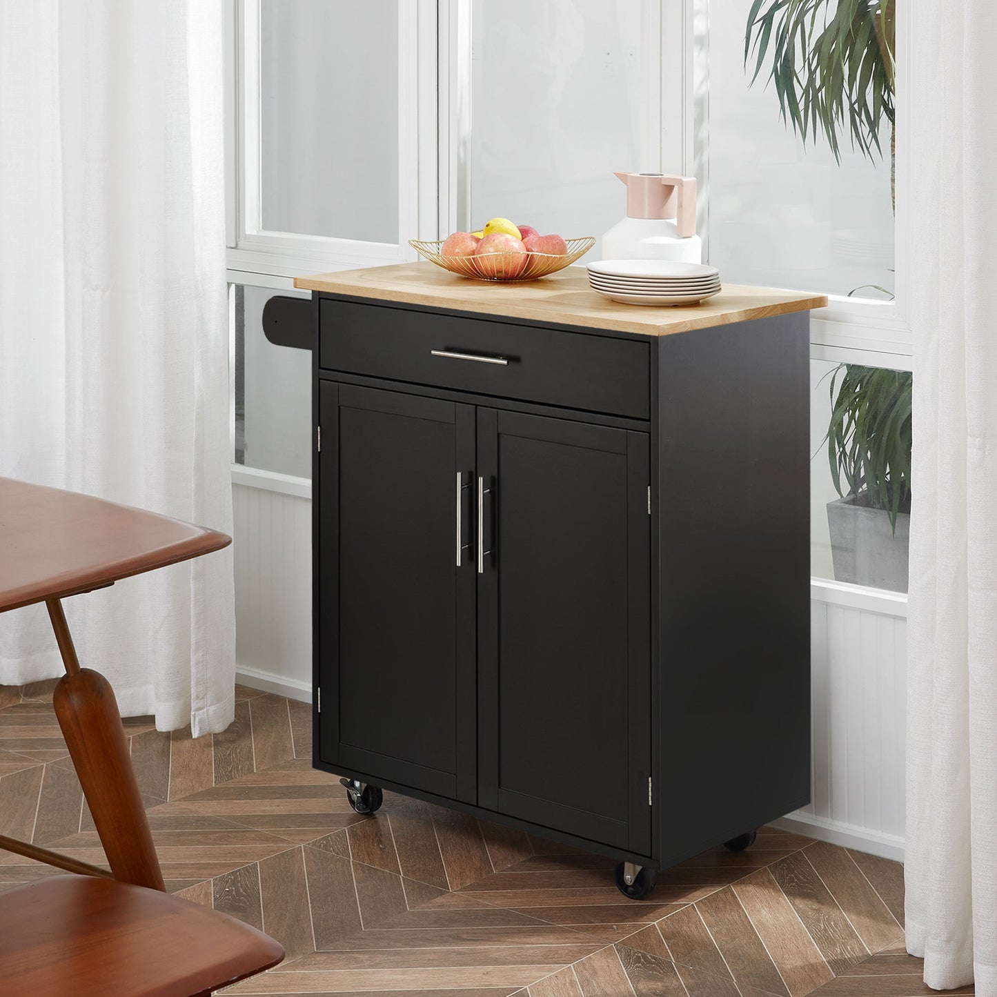 Wood Top Rolling Kitchen Island Cart with Storage Drawers and Towel Rack, Black Kitchen Islands & Kitchen Carts   at Gallery Canada