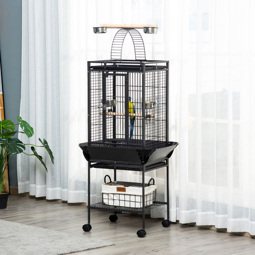 61.5 Inch Bird Cage Parakeet House for Cockatiel with Stand, Pull Out Tray, Play Top, Storage Shelf, Wood Perch, Food Container