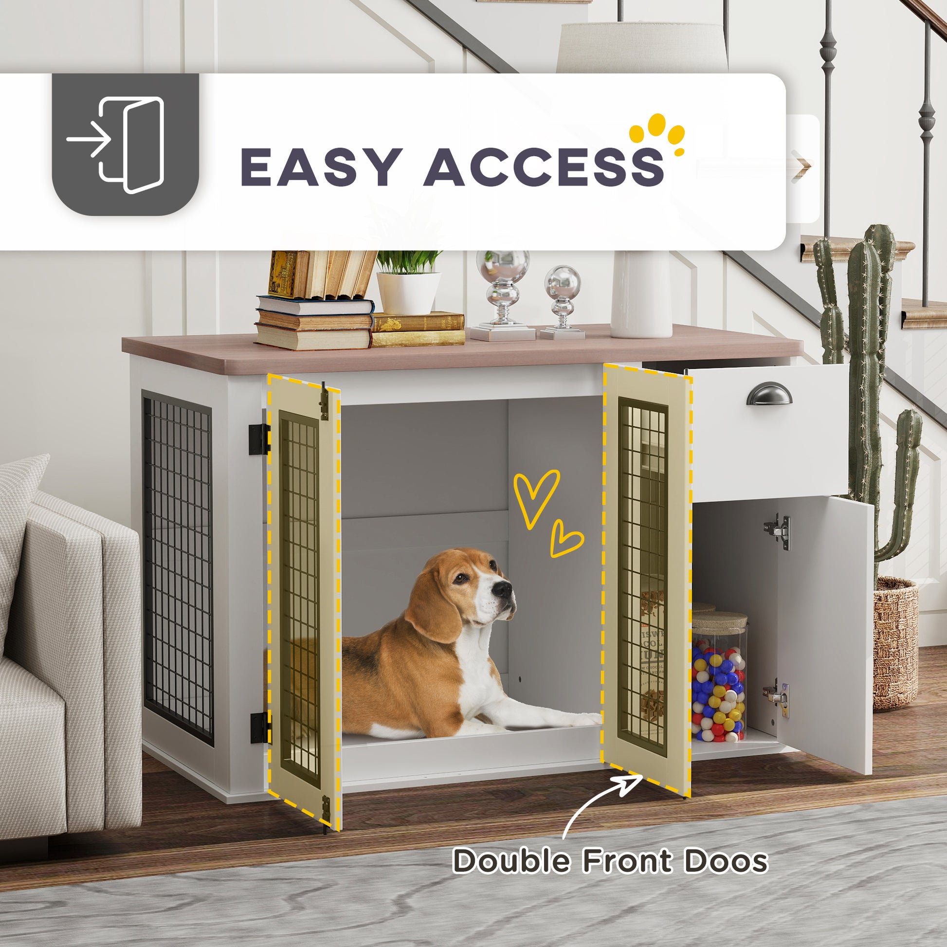 44" Dog Crate Furniture with Double Doors, Storage Drawer, for Medium Dogs, White Houses, Kennels & Pens   at Gallery Canada