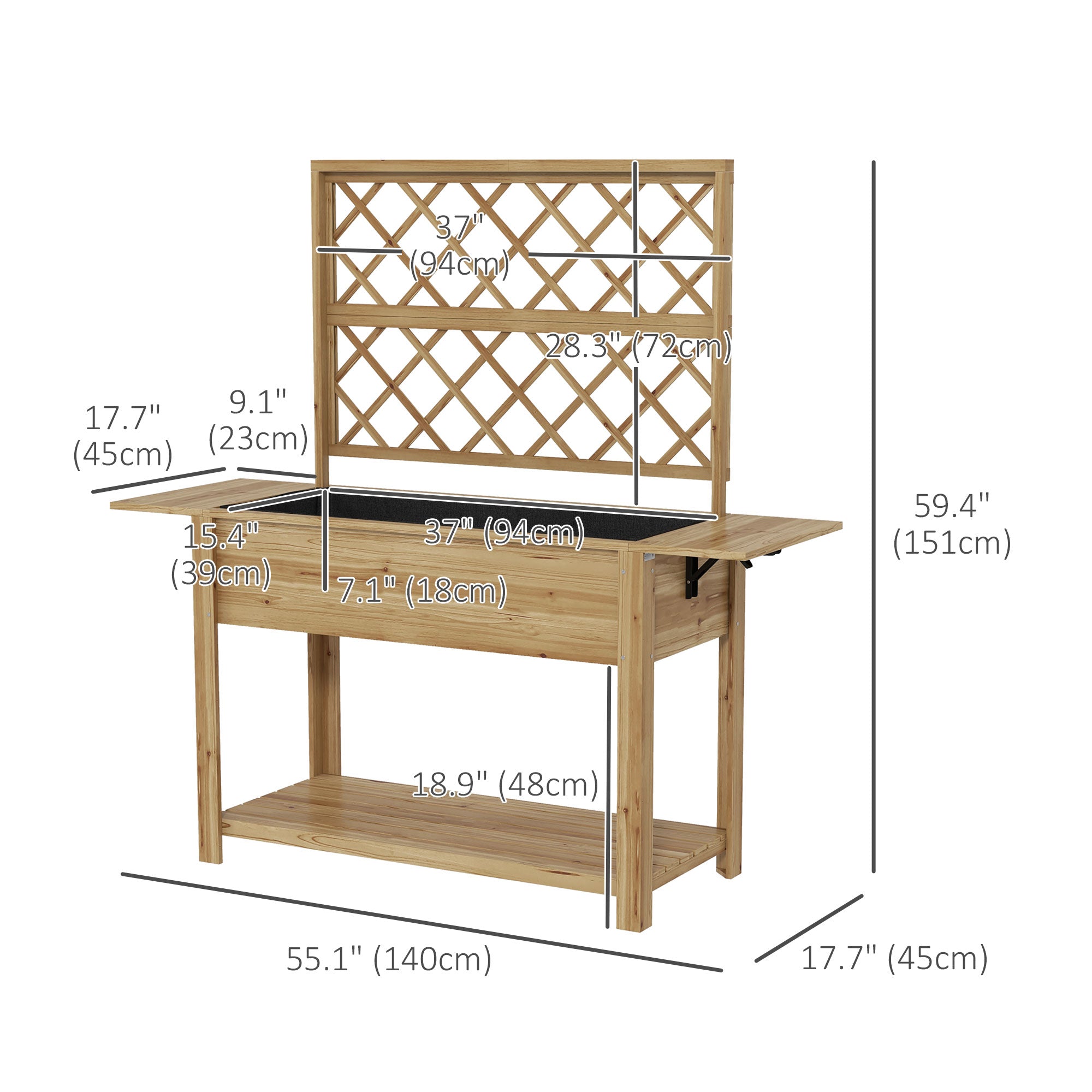 Wood Planter with Trellis for Climbing Plants, Raised Garden Bed with Foldable Shelves, 55.1