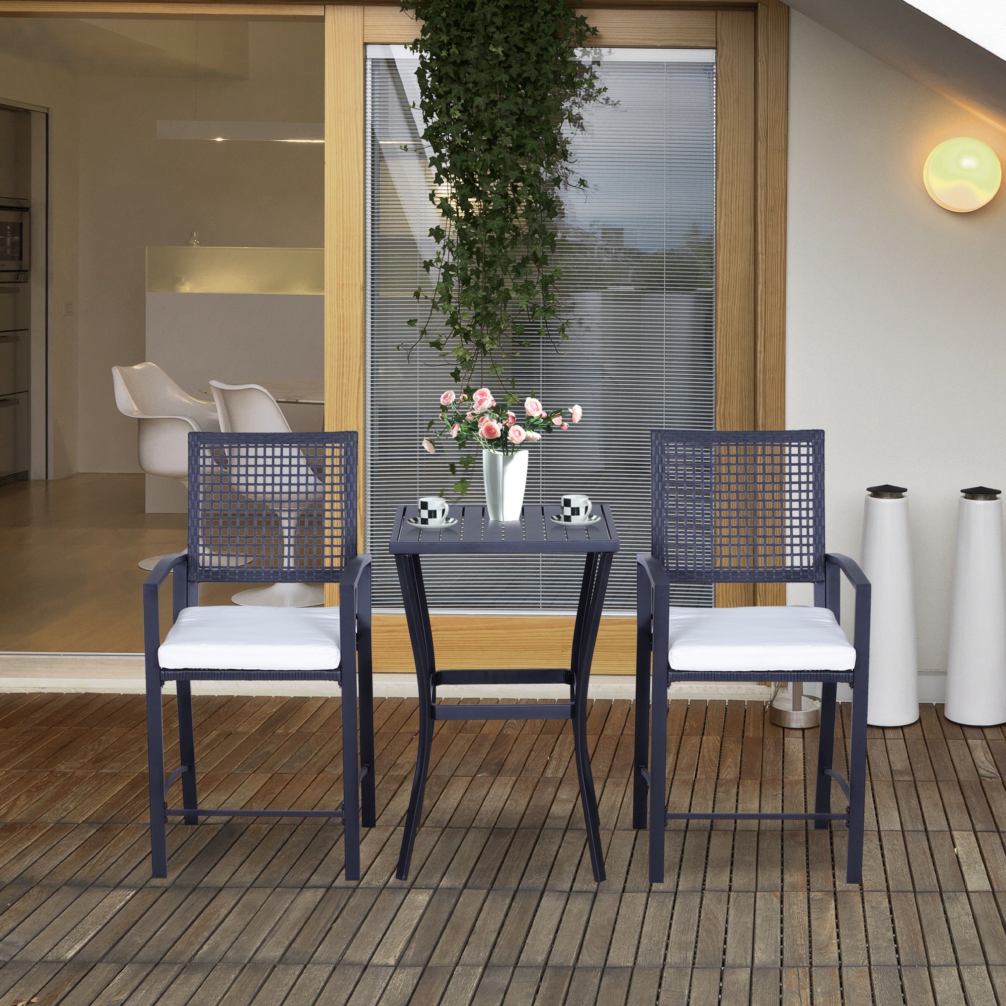 3 Pieces Outdoor Wicker Bar Set, Classic Bistro Bar Set Garden Rattan Style Patio Bar Table &; High Chairs w/ Cushions Home Bar Furniture, Cream White Bistro Sets at Gallery Canada