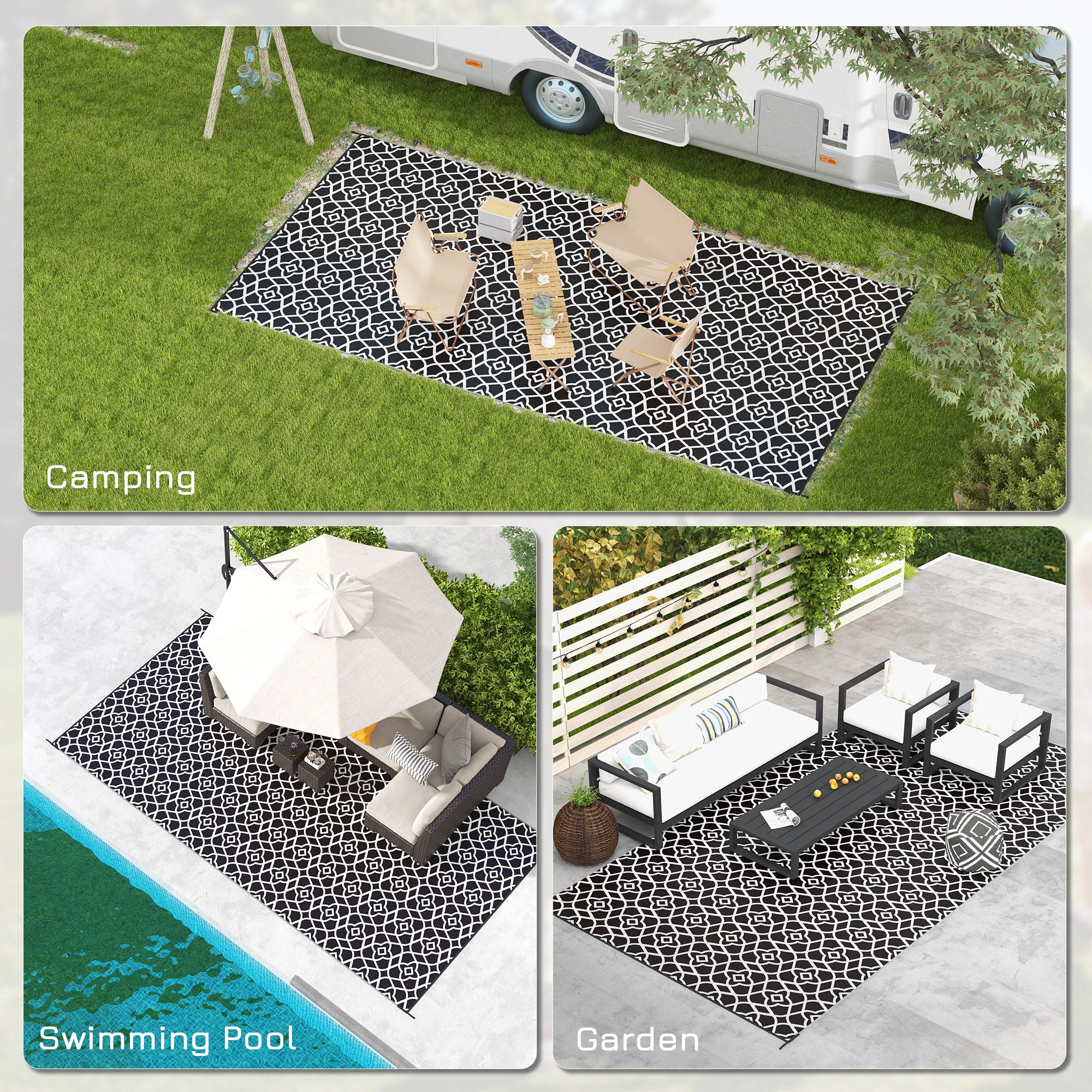 Reversible Outdoor Rug, Waterproof Plastic Straw RV Rug with Carry Bag, 9' x 18', Black and White Clover Outdoor Reversible Rugs at Gallery Canada