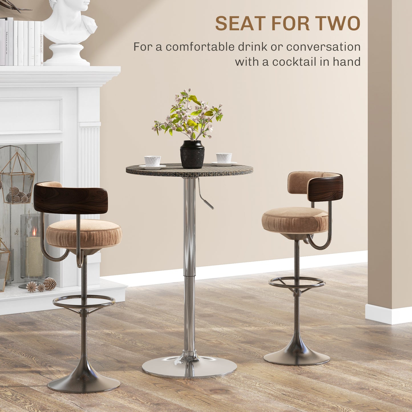 Adjustable Bar Table for 2, Round Pub Table with PE Rattan Top and Steel Base for Home Bar, Small Dining Room, Brown Bar Tables   at Gallery Canada