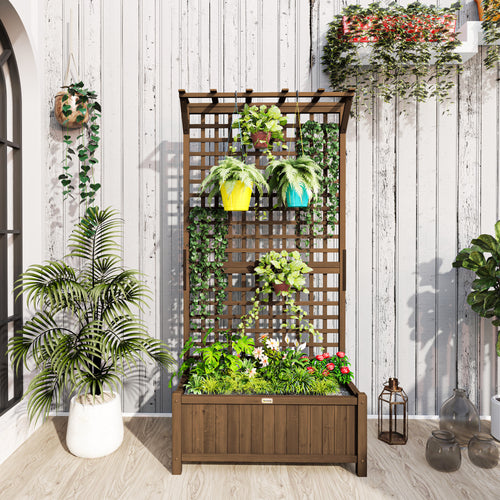 Wood Planter with Trellis for Vine Climbing, Raised Garden Bed, Privacy Screen for Backyard, Patio, Deck, Coffee