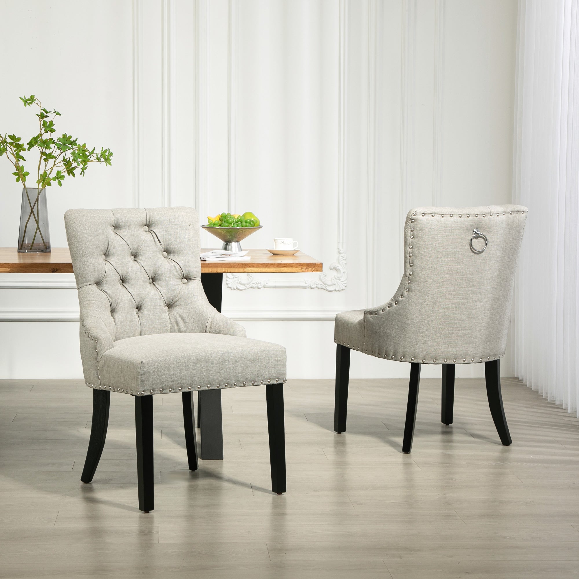 Swoop Air Linen Fabric Dining Chair Set of 2 with Nailhead Trim and Wood Legs Light Grey Dining Chairs   at Gallery Canada