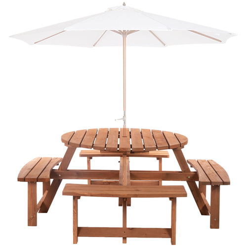 8 Seater Round Wooden Pub Bench &; Picnic Table, Patio Dining Set for Outdoor Patio (Umbrella Not Included)