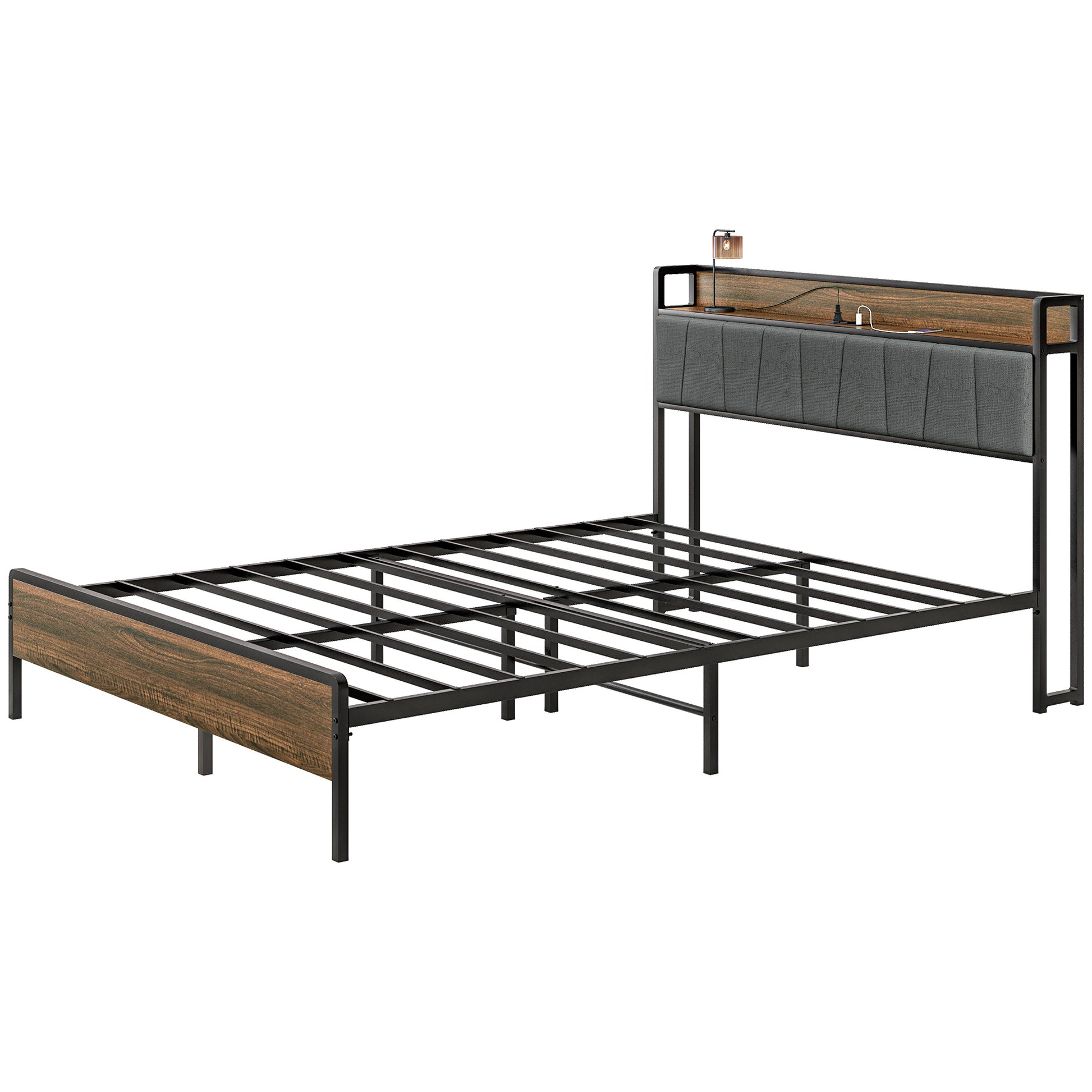 Queen Size Bed Frame with Charging Station, Queen Bed Frame with Upholstered Headboard and Storage Shelf, Walnut Bedroom Furniture   at Gallery Canada