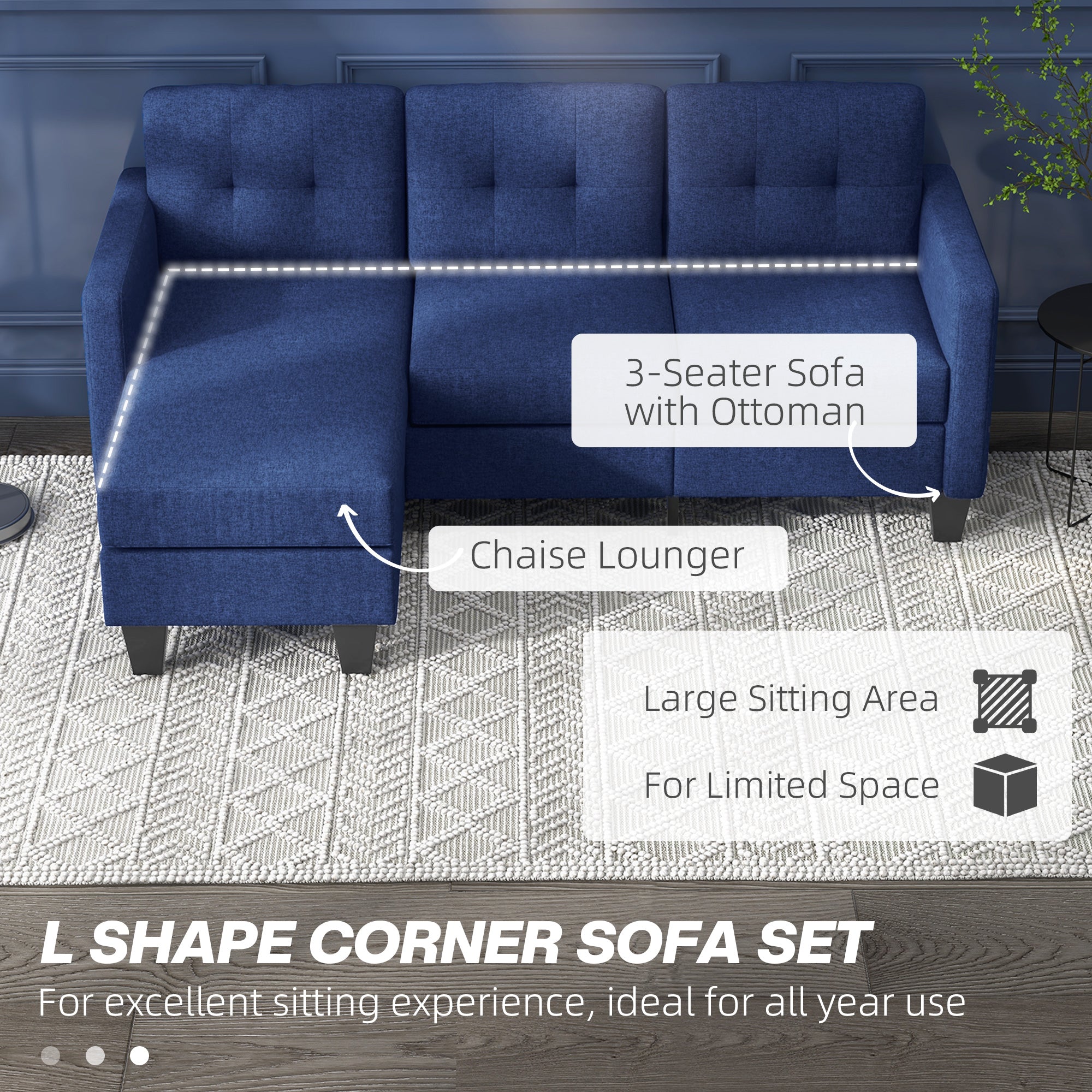 L-shaped Sofa, 3 Seater Sectional Couch with Ottoman, Corner Sofa with Thick Padded Cushion and Wood Legs, Dark Blue 3-Seater Sofas at Gallery Canada