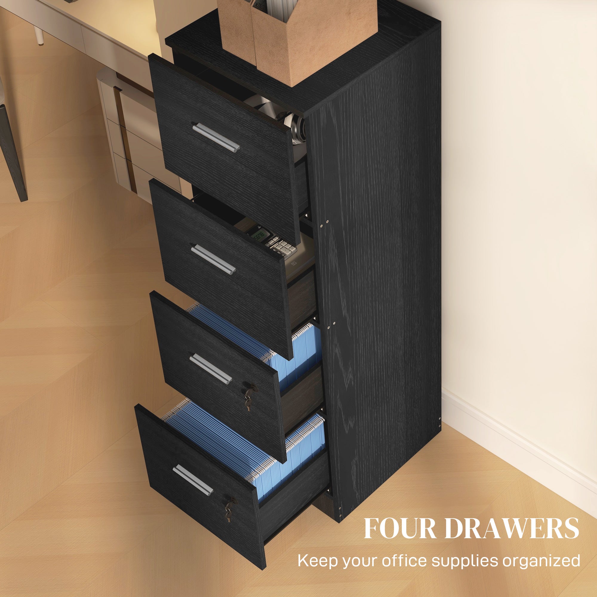 Vertical Filing Cabinet with Lock, 4 Drawer File Cabinet with Adjustable Hanging Bar for A4 and Letter Size, Black Office Cabinets & Cupboards   at Gallery Canada