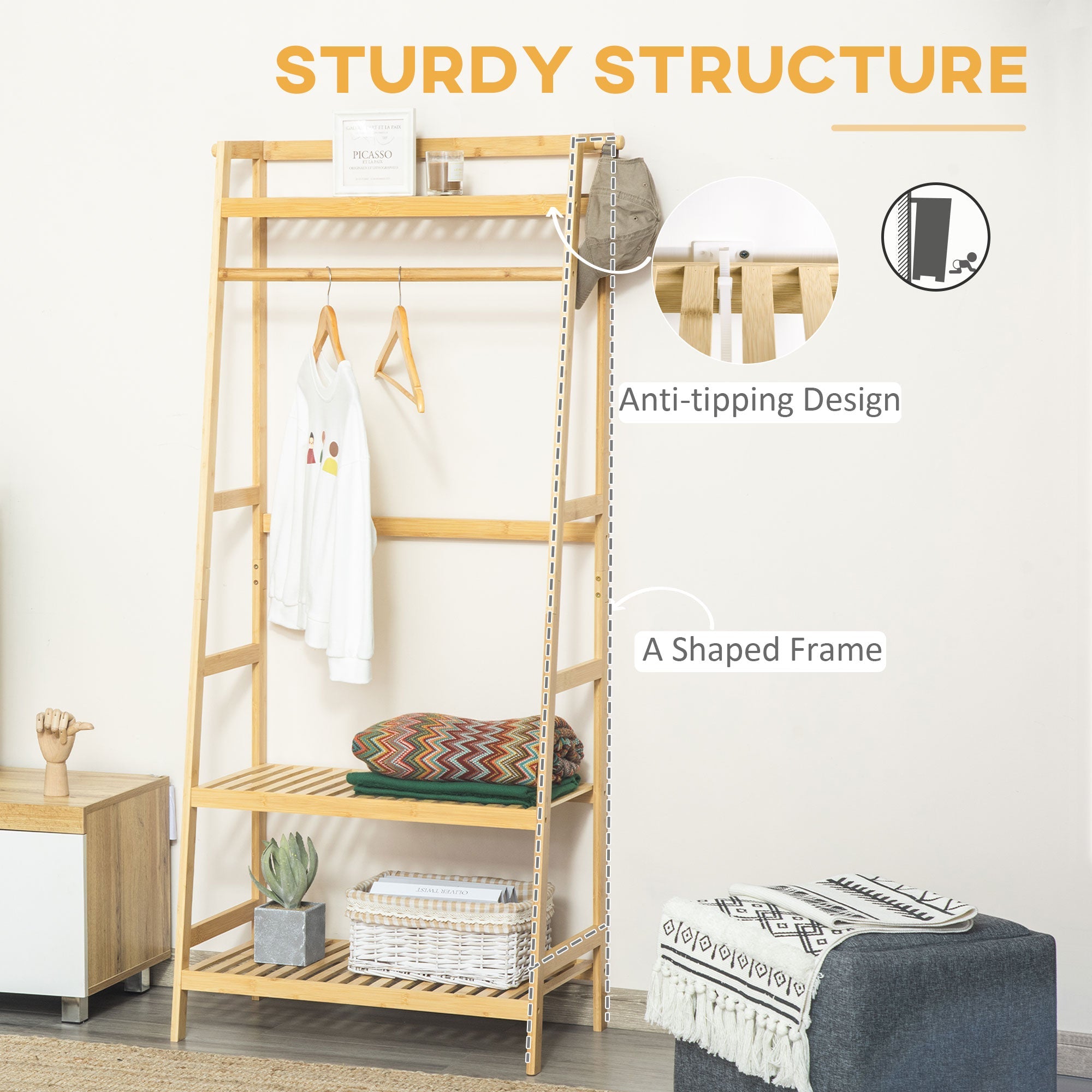 Bamboo Garment Rack, Freestanding Wooden Clothing Rack with 3 Tier Storage Shelves, Hooks and Hanging Rail for Entryway, Bedroom and Office, Natural Clothing Storage   at Gallery Canada