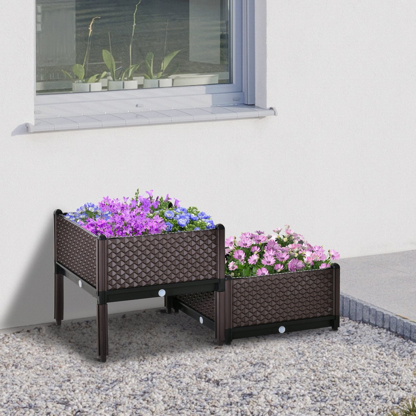 Set of 2 Plastic Raised Garden Bed, Planter Box, Flower Vegetables Planting Container with Self-Watering Design and Drainage Holes for Patio Balcony Elevated Garden Beds   at Gallery Canada