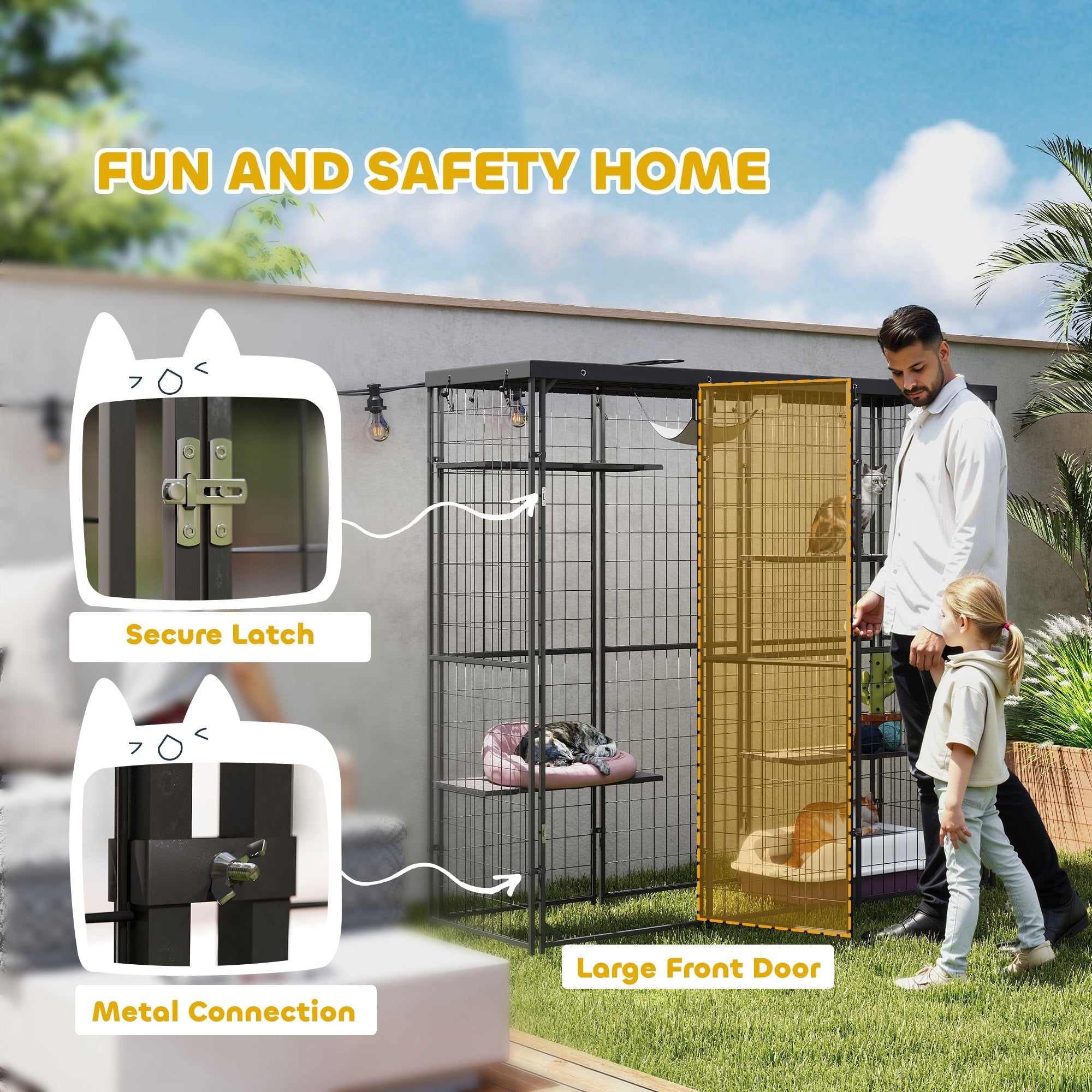 Weld Wire Catio Outdoor Indoor with Waterproof Cover, 4 Jumping Platforms, Hammock, 69