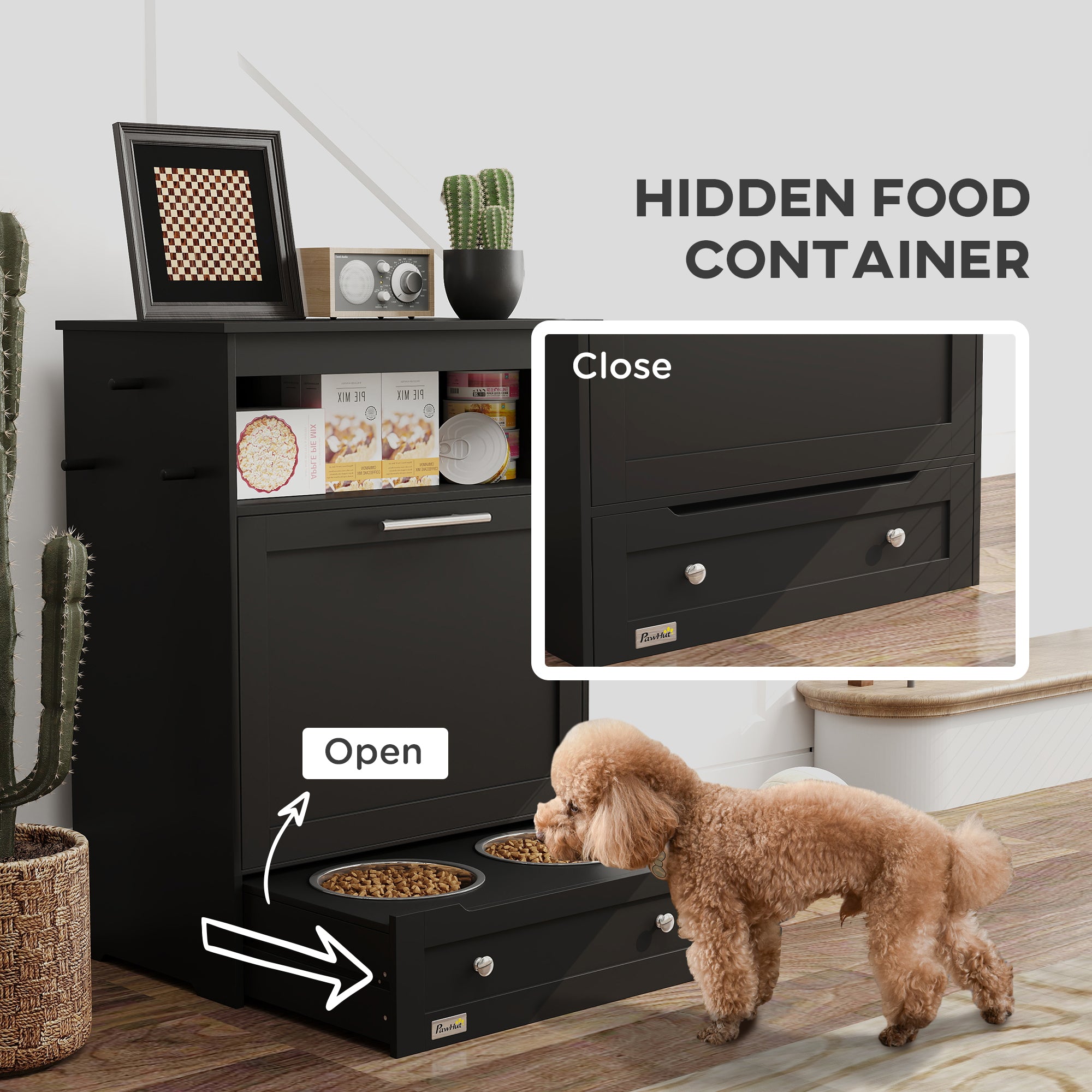 Pet Feeder Station Storage Cabinet, Dog Food Storage Container with Dog Raised Bowls, Watering Supplies, Black Dog Bowls at Gallery Canada