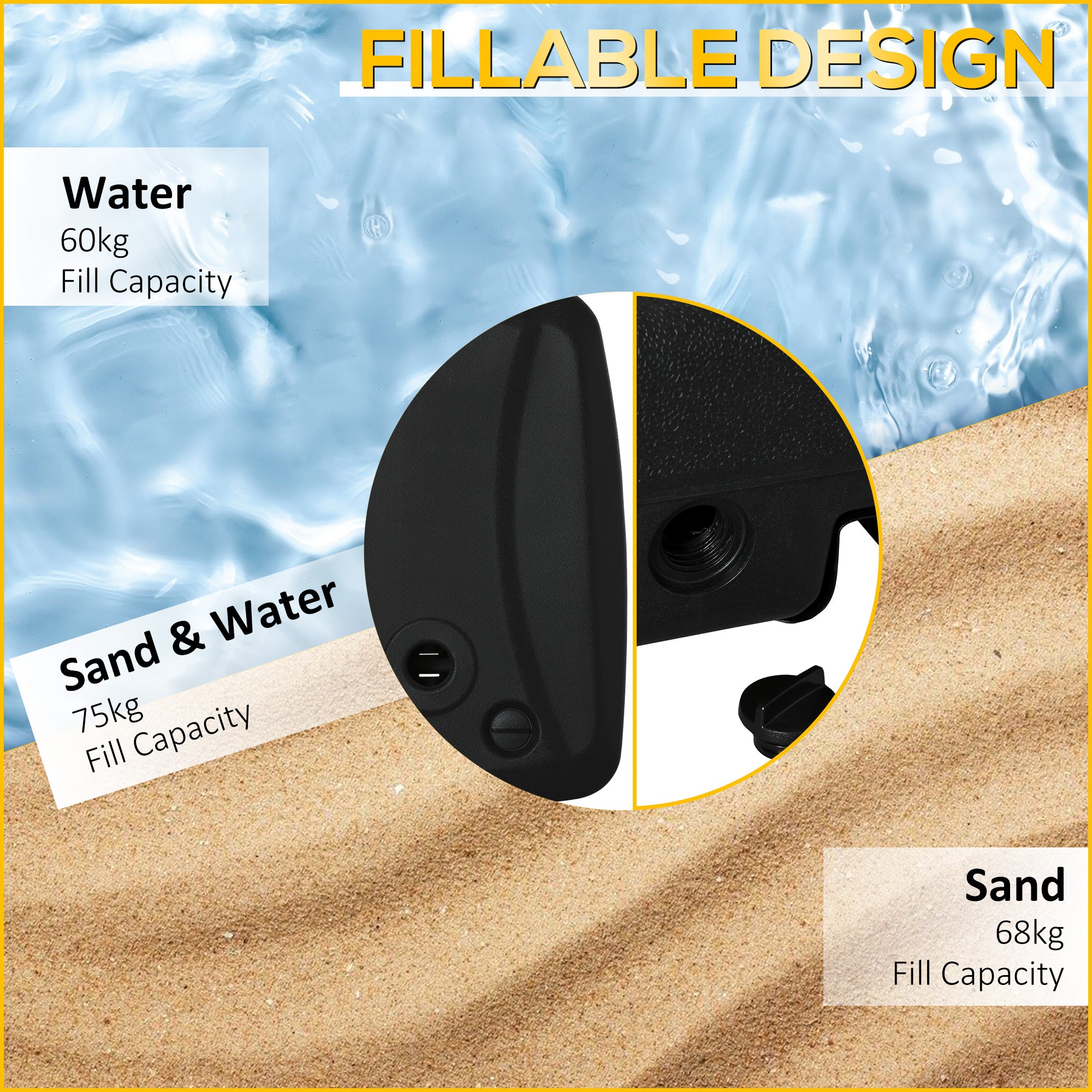 Cantilever Offset Umbrella Base Portable Square Parasol Weights with Wheels, Water and Sand Filled, Up to 165 lbs, Black Umbrella Bases at Gallery Canada