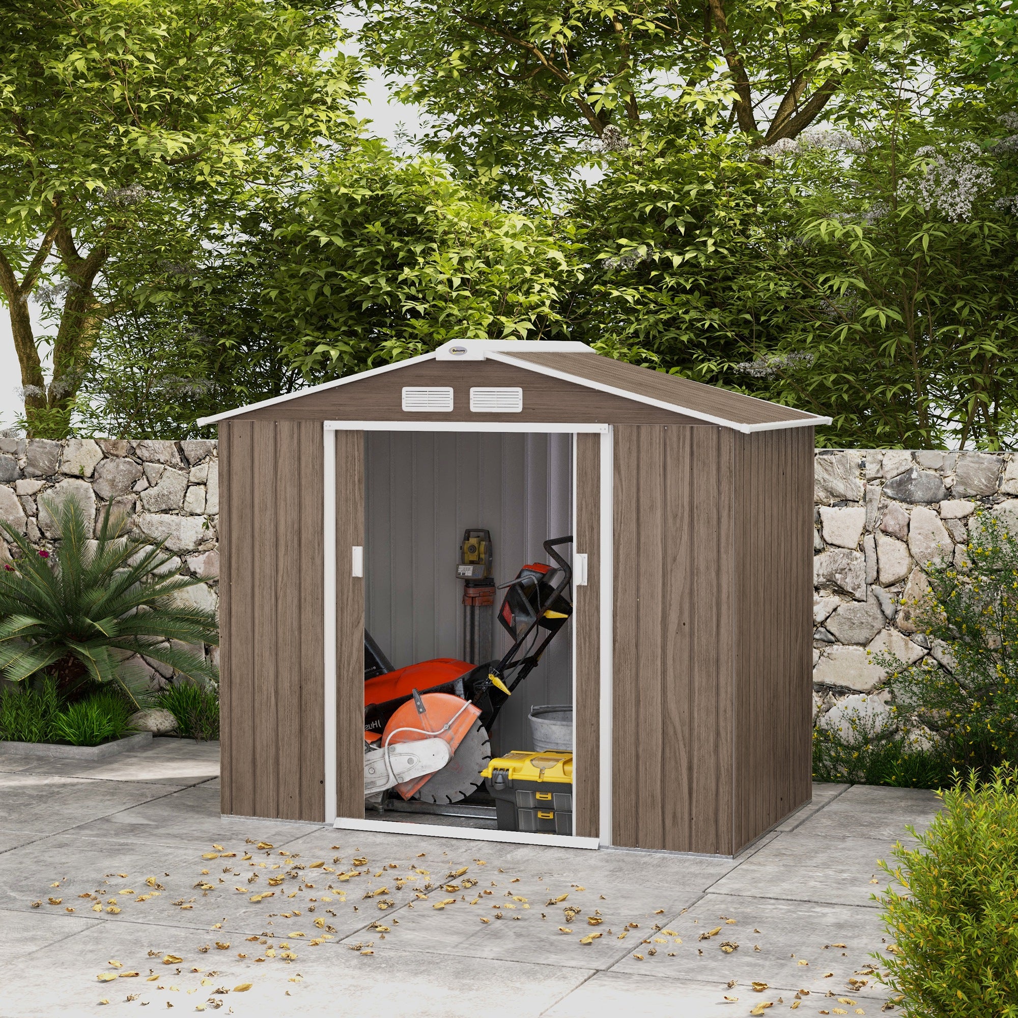 7' x 4' x 6' Garden Storage Shed Outdoor Patio Metal Tool Storage House w/ Foundation Kit and Double Doors Light Brown Sheds   at Gallery Canada