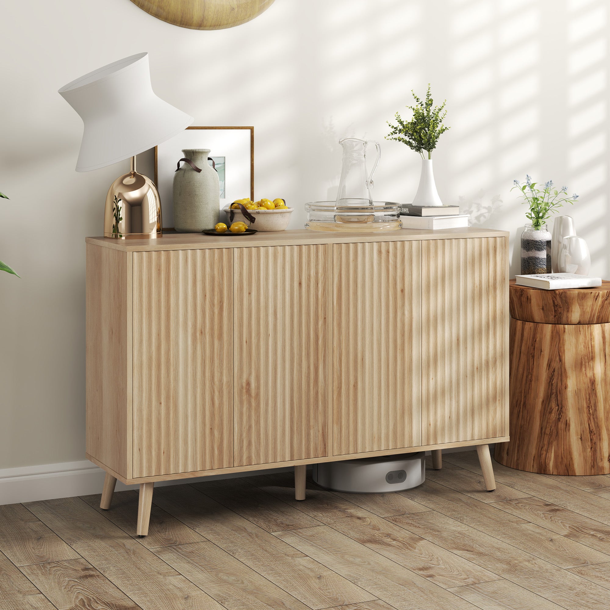 Buffet Cabinet with Storage Modern Fluted Sideboard with Adjustable Shelves Wood Legs for Dining Room Living Room Oak Storage Cabinets at Gallery Canada