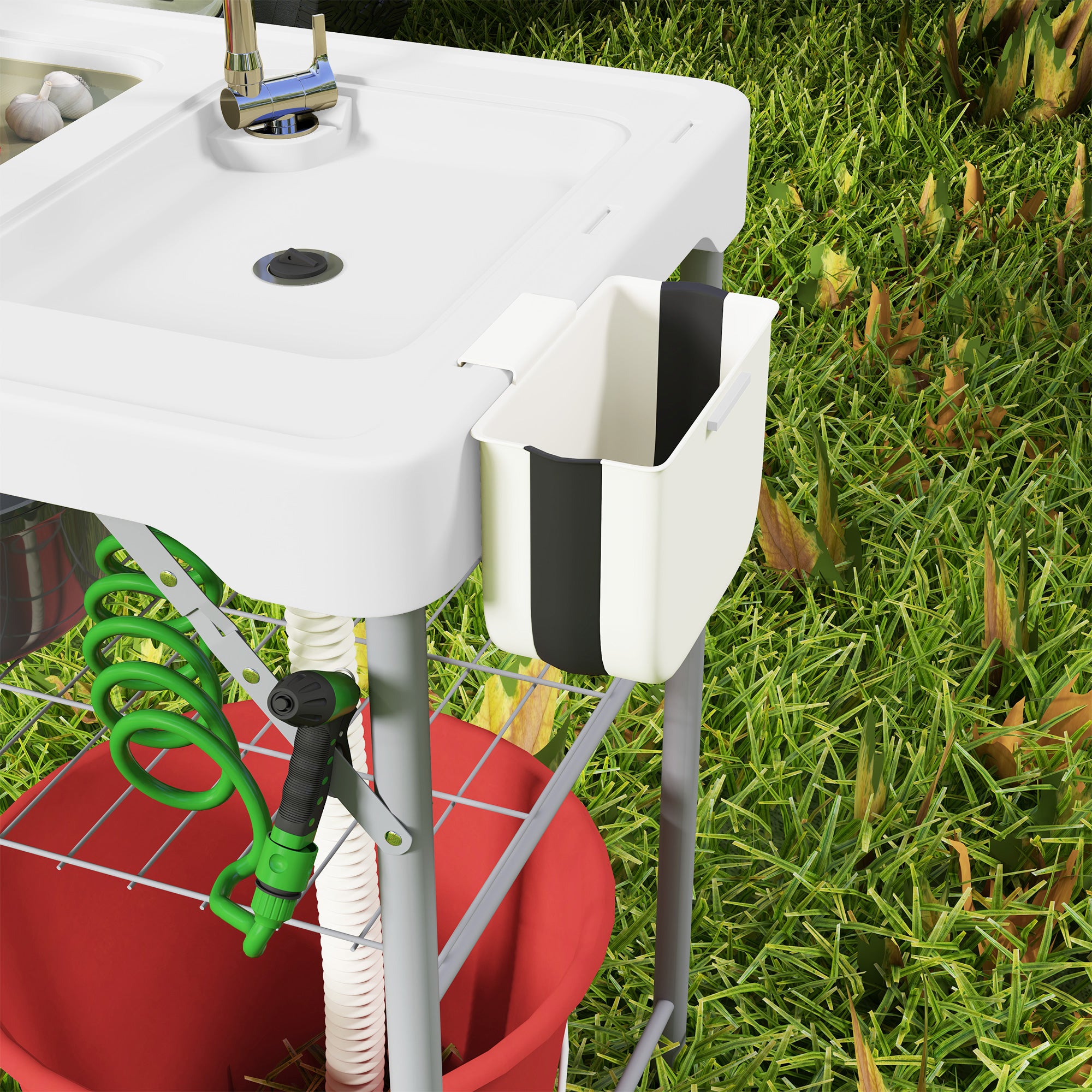 Folding Fish Cleaning Table with Sinks, Camping Sink with Faucet Drainage Hose Sprayer Shelf Drawer Storage Basket, Outdoor Sink Station for Beach Patio Picnic, White Picnic Tables & Camping Chairs at Gallery Canada