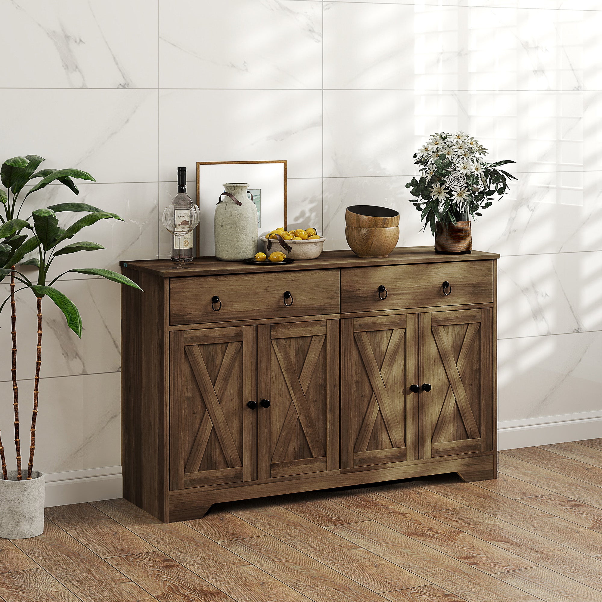 Sideboard Cabinet with 2 Drawers, 4 Barn Doors and 2 Adjustable Shelves, Buffet Table for Living Room, Light Brown Bar Cabinets at Gallery Canada