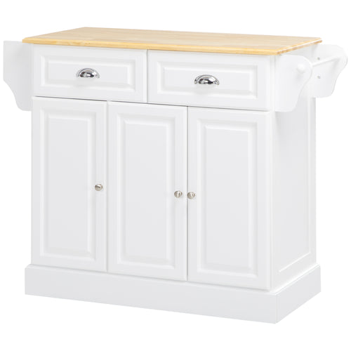 Kitchen Island with Storage Rolling Kitchen Serving Cart with Rubber Wood Top Towel Rack Storage Drawer Cabinet White