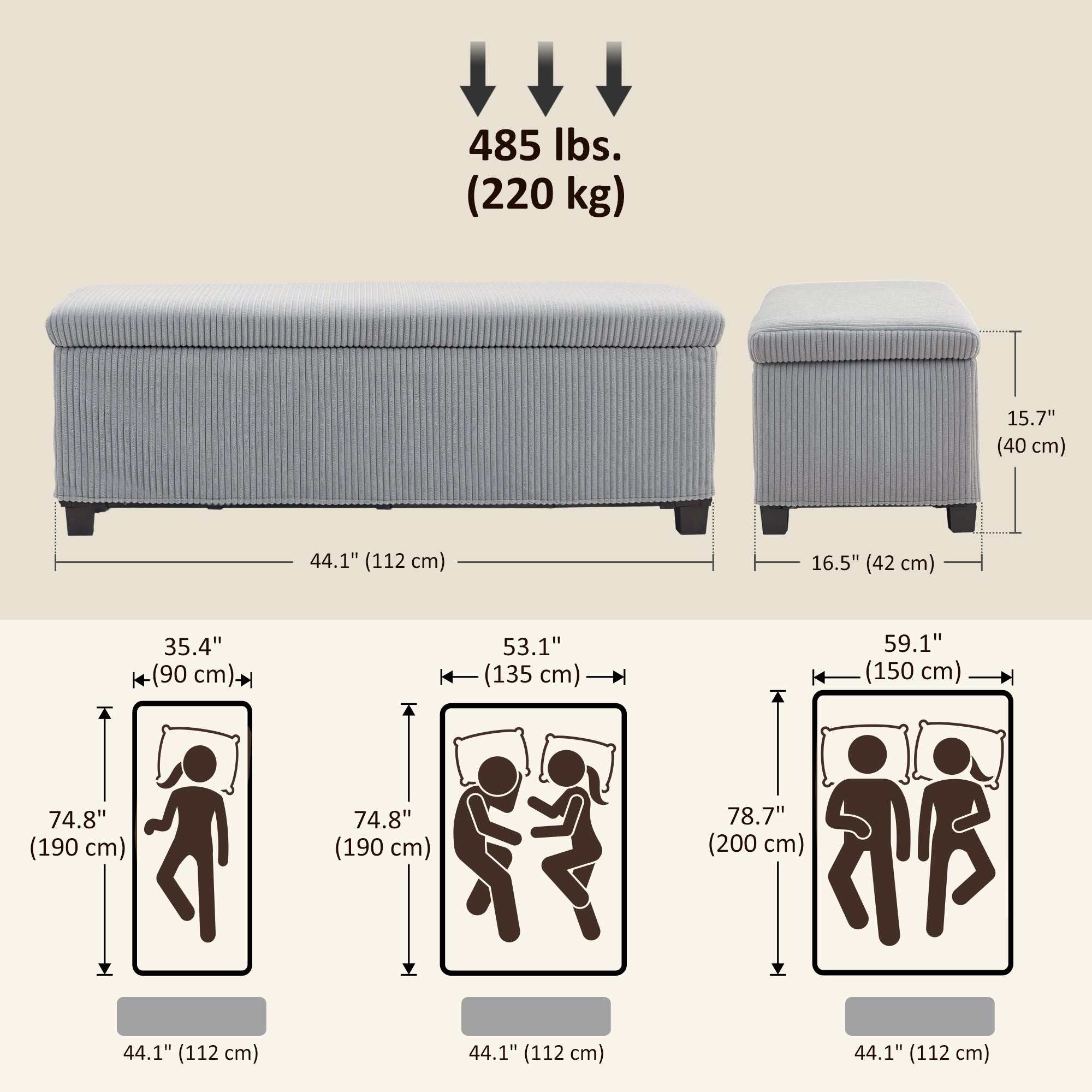 44 Inches Ottoman with Storage, Lid, Legs, Corduroy End of Bed Bench for Living Room, Bedroom, Entryway, Light Grey Storage Ottomans & Benches at Gallery Canada