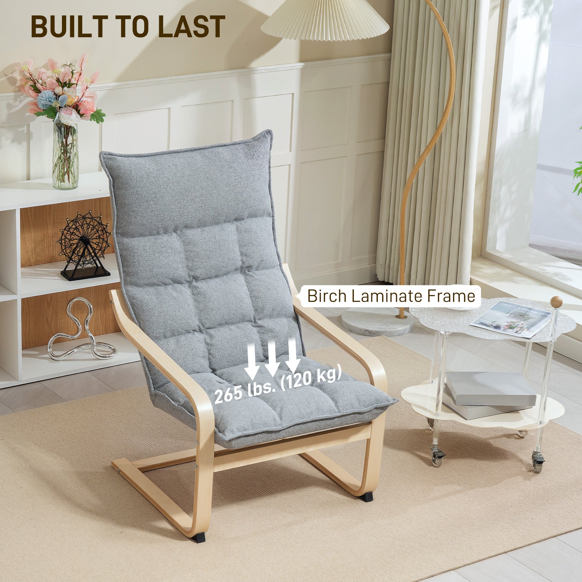 Modern Armchair, Upholstered Accent Chair with Curved Leg and Arm, Leisure Lounge Chair for Living Room, Light Grey Accent Chairs at Gallery Canada