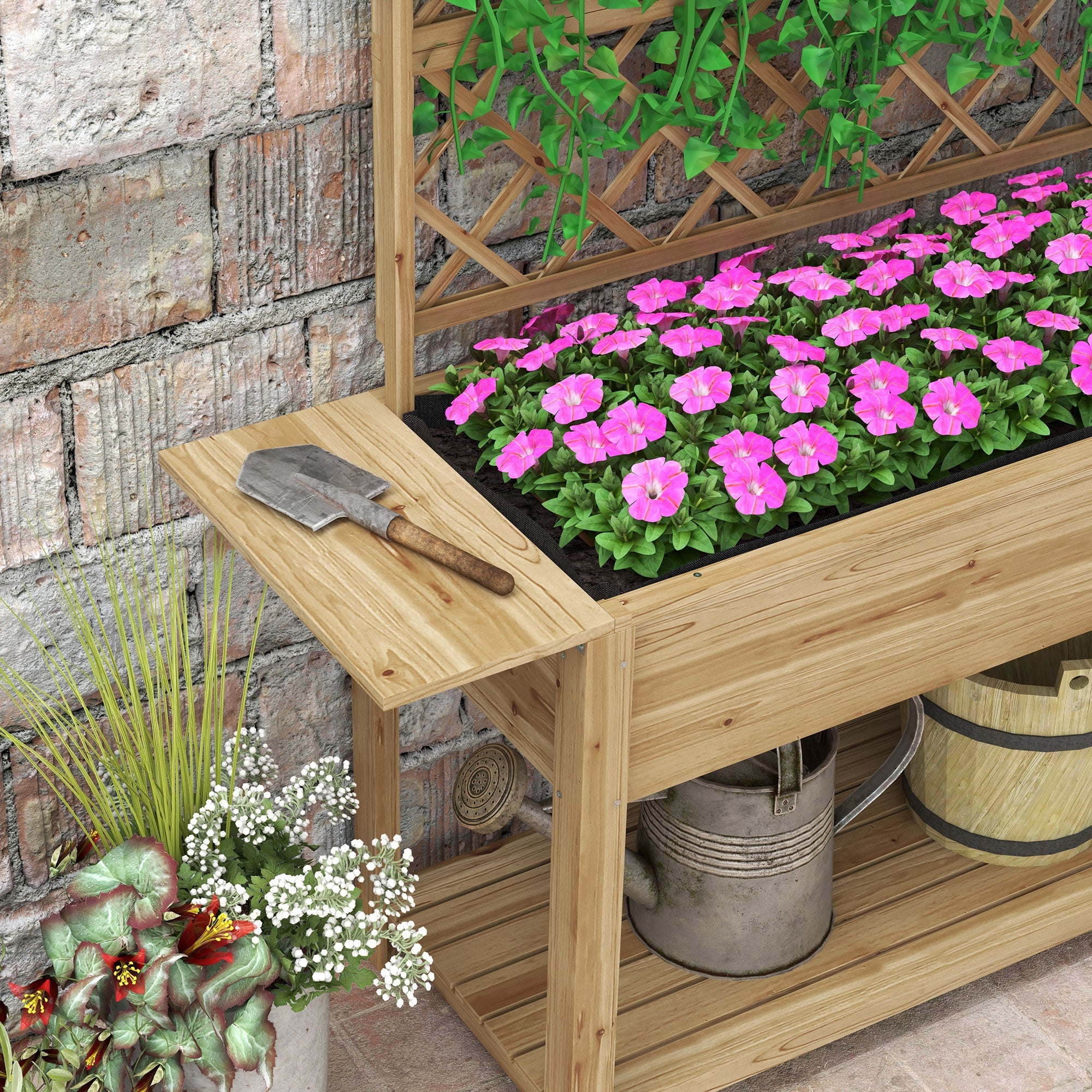 Wood Planter with Trellis for Climbing Plants, Raised Garden Bed with Foldable Shelves, 55.1