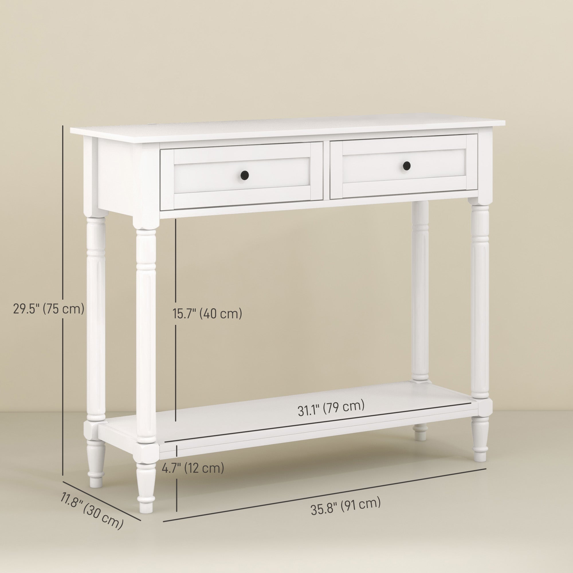 Hallway Console Table, Modern Entryway Table with 2 Drawers, Storage Shelf, Turned Legs for Living Room, Bedroom, White Console Tables at Gallery Canada
