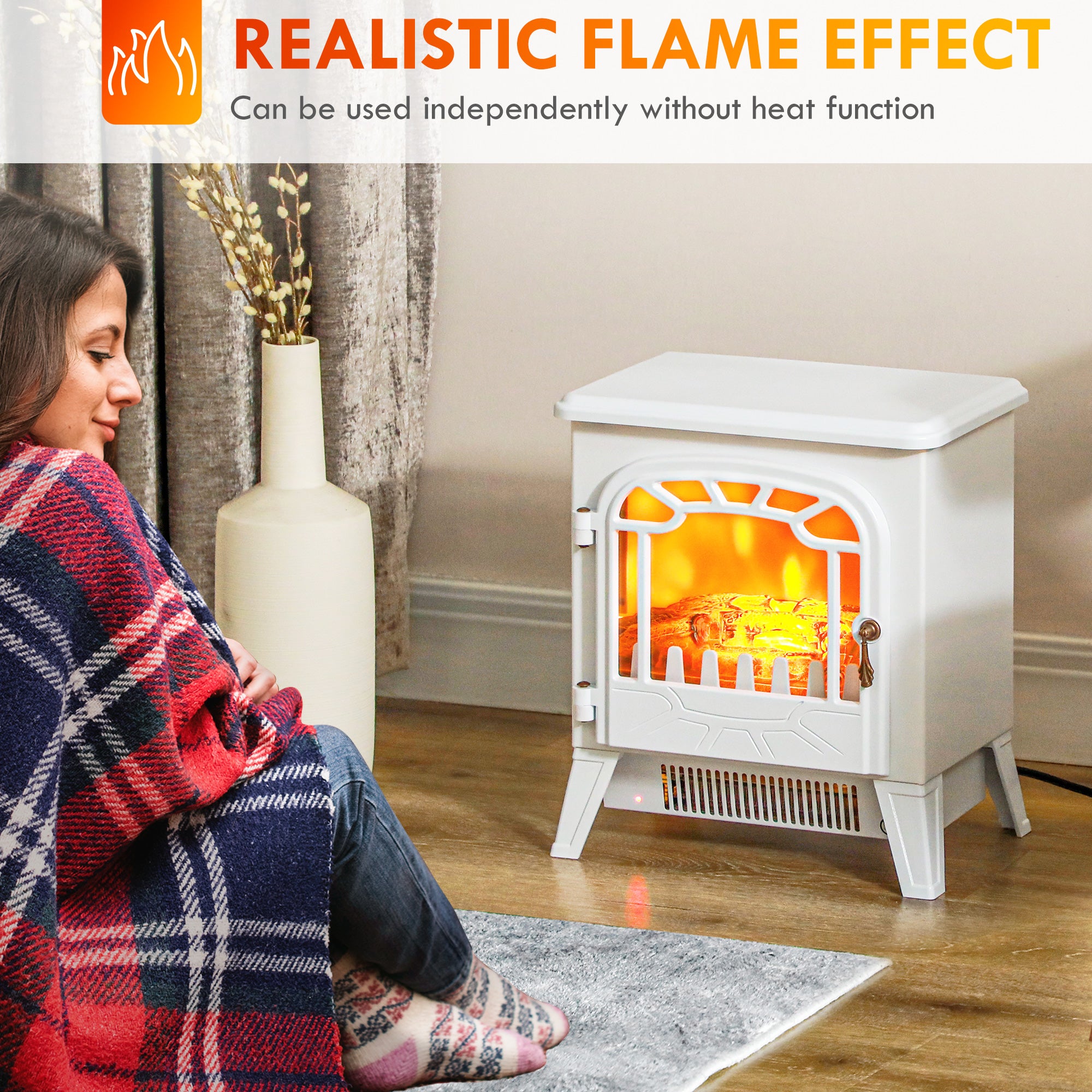 Freestanding Electric Fireplace Stove Heater with Overheat Protection and Realistic Flame Effect, 750W/1500W, White Electric Fireplaces   at Gallery Canada