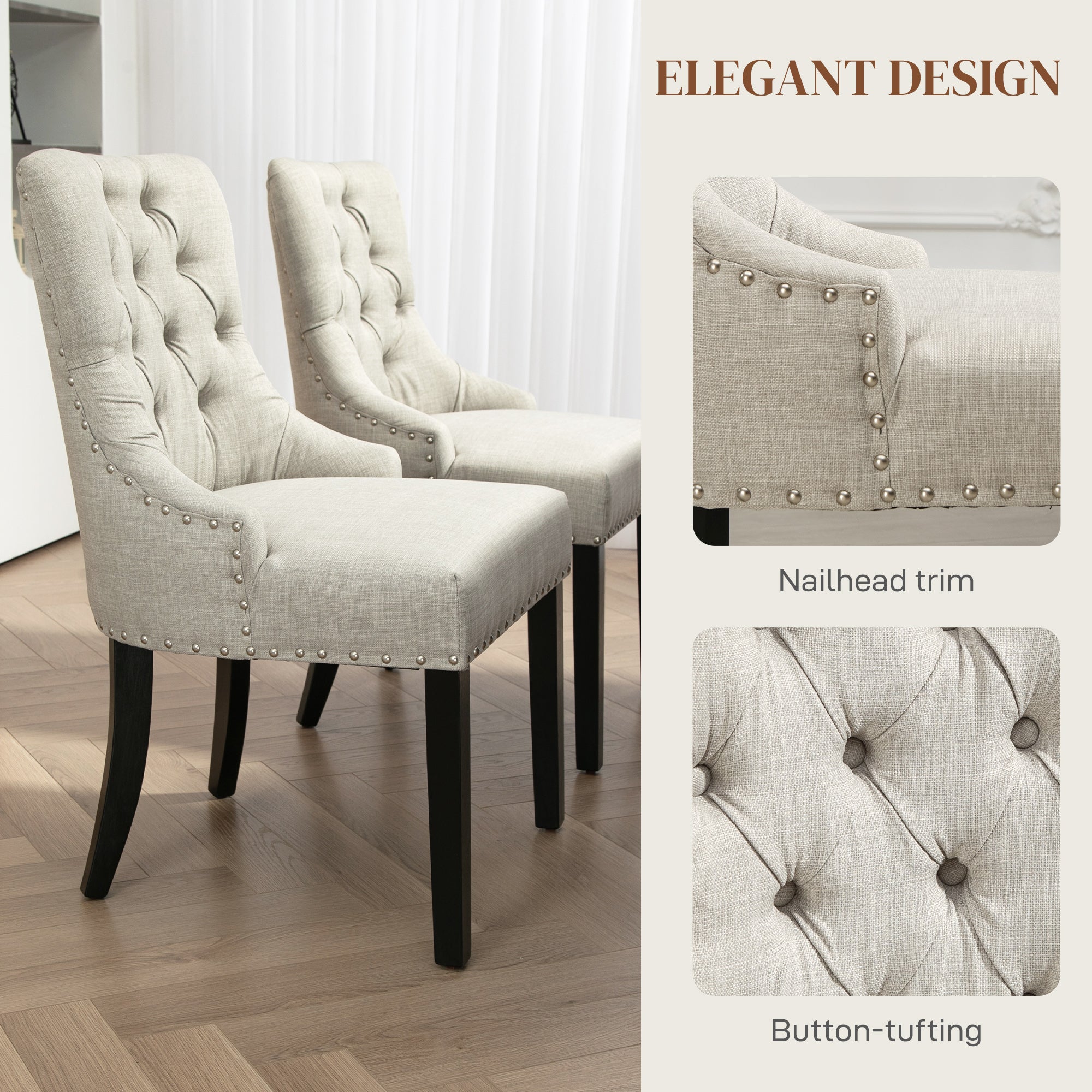 Swoop Air Linen Fabric Dining Chair Set of 2 with Nailhead Trim and Wood Legs Light Grey Dining Chairs   at Gallery Canada