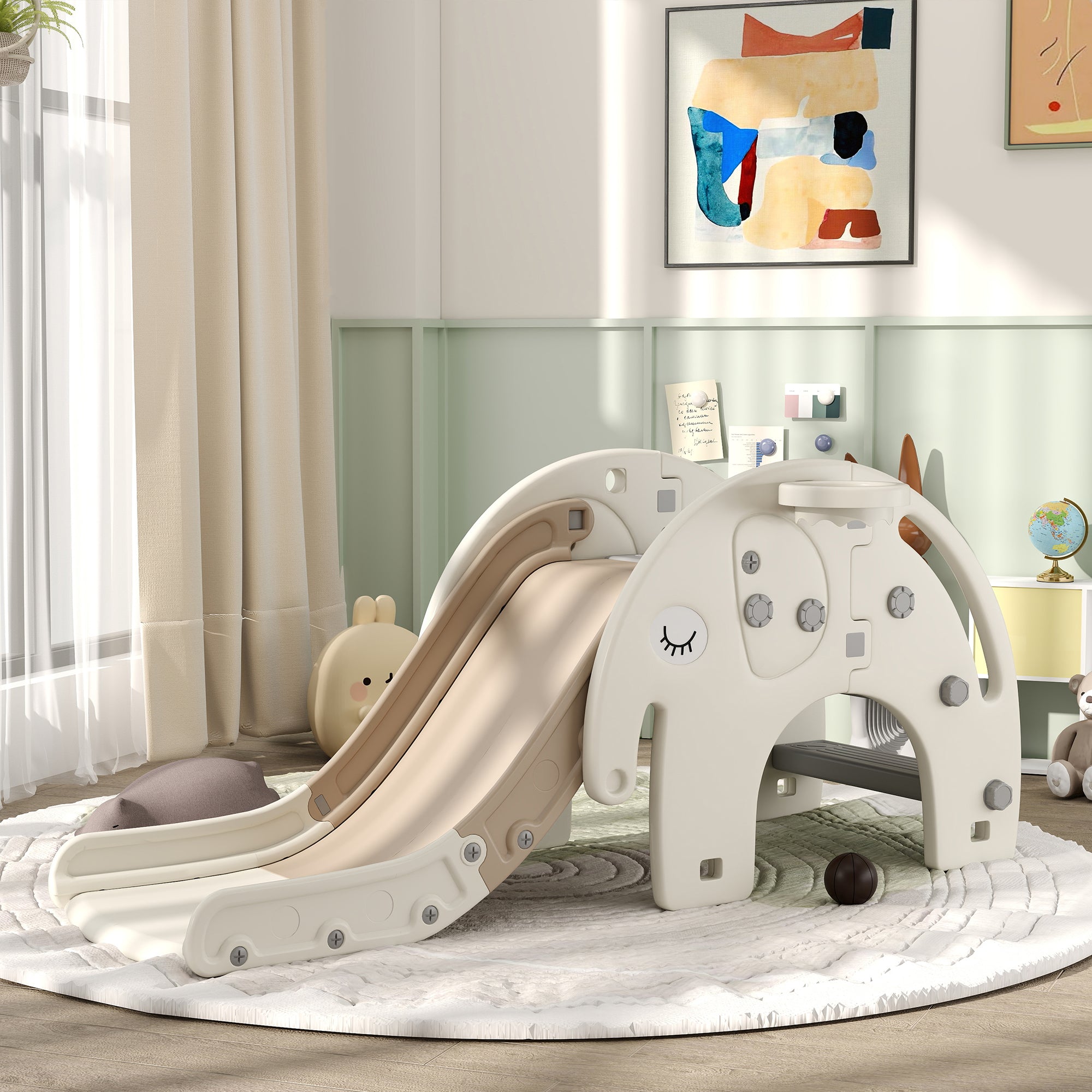 3 in 1 Toddler Slide with Basketball Hoop, Climber, for 1-3 Years Old, Elephant-themed Gym Sets & Swings Cream  at Gallery Canada