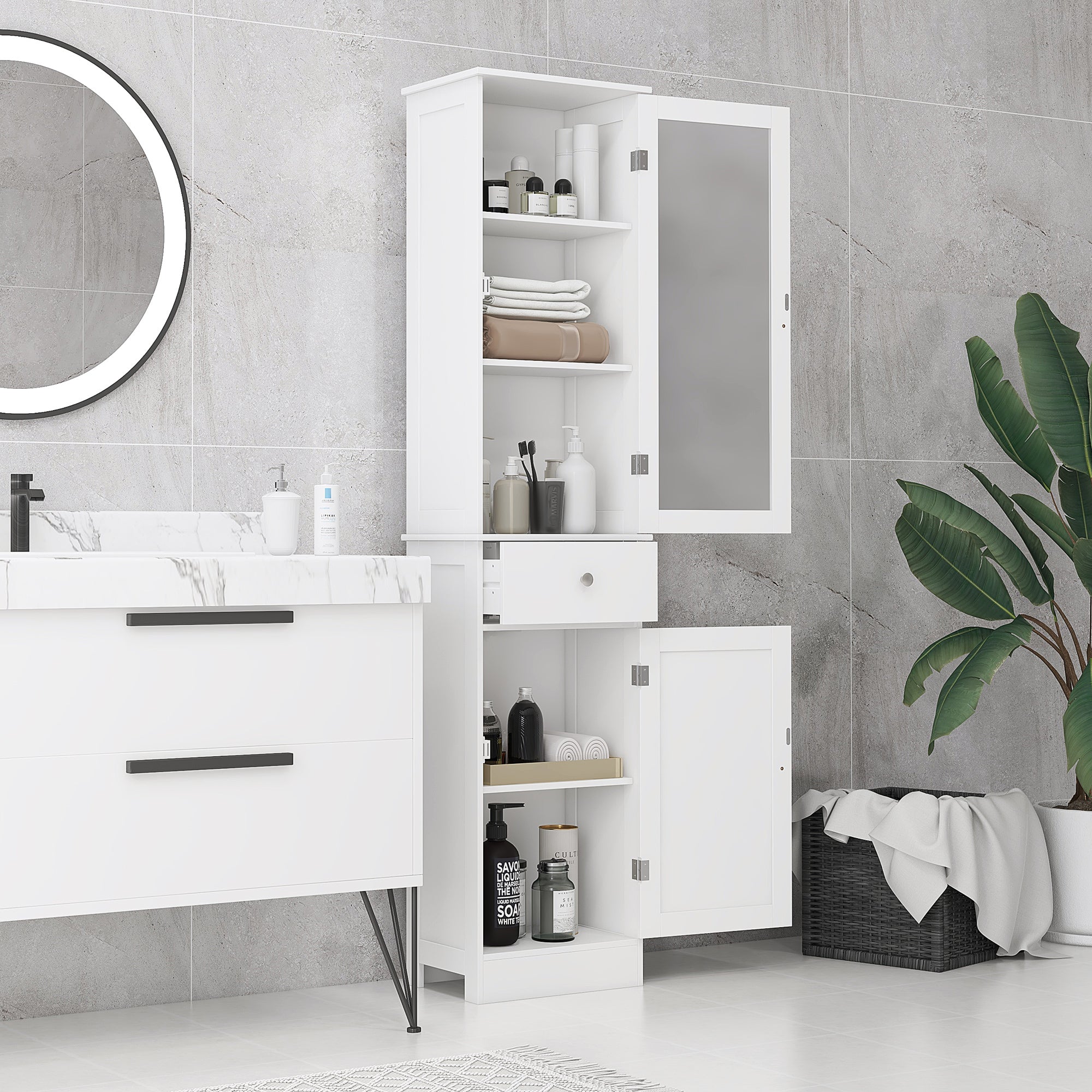 Tall Bathroom Cabinet, Bathroom Storage Cabinet with Drawers, 2 Doors and Adjustable Shelves, White Bathroom Cabinets at Gallery Canada