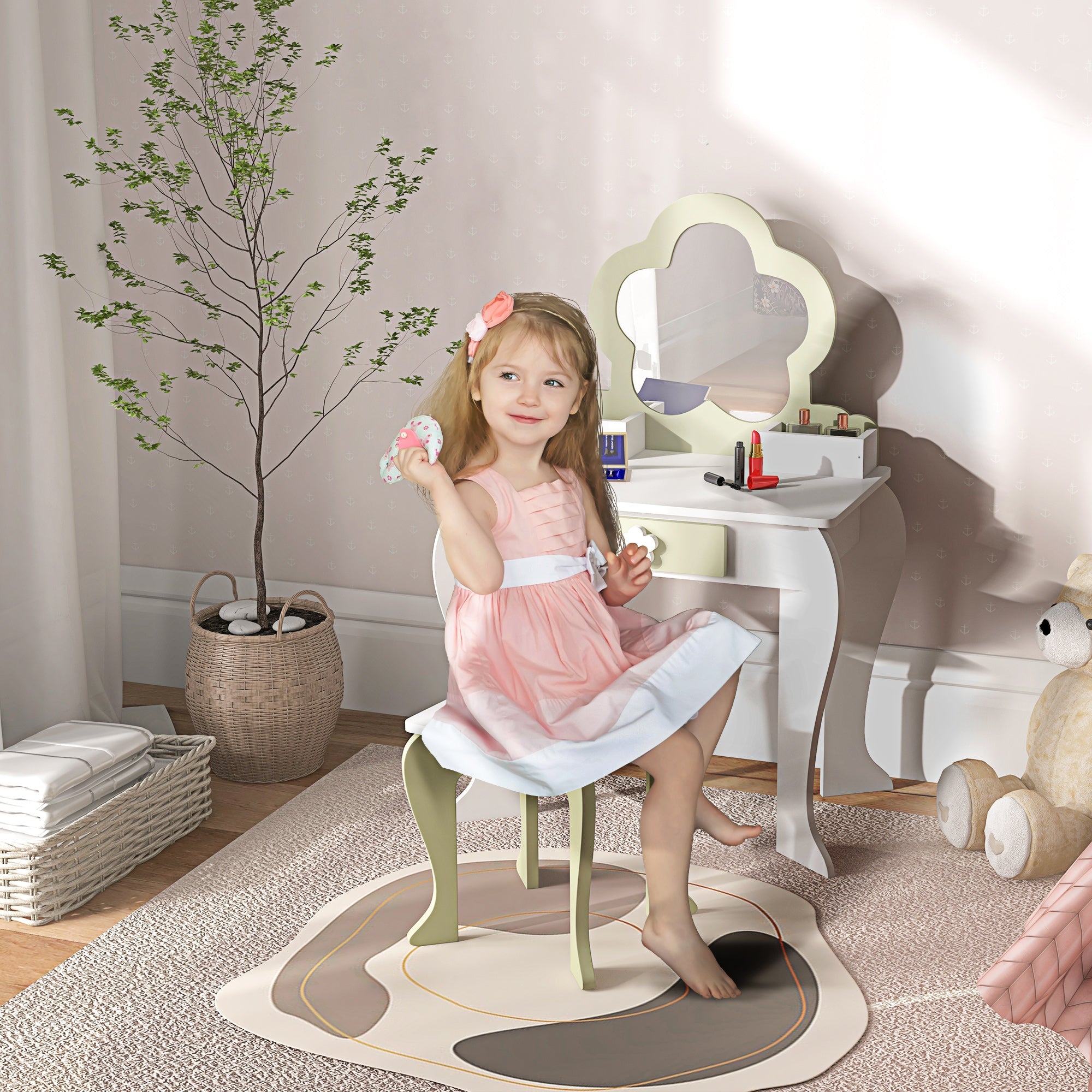 Kids Makeup Vanity Set with Stool, Mirror, Drawer, Storage Boxes, White Toy Vanity   at Gallery Canada