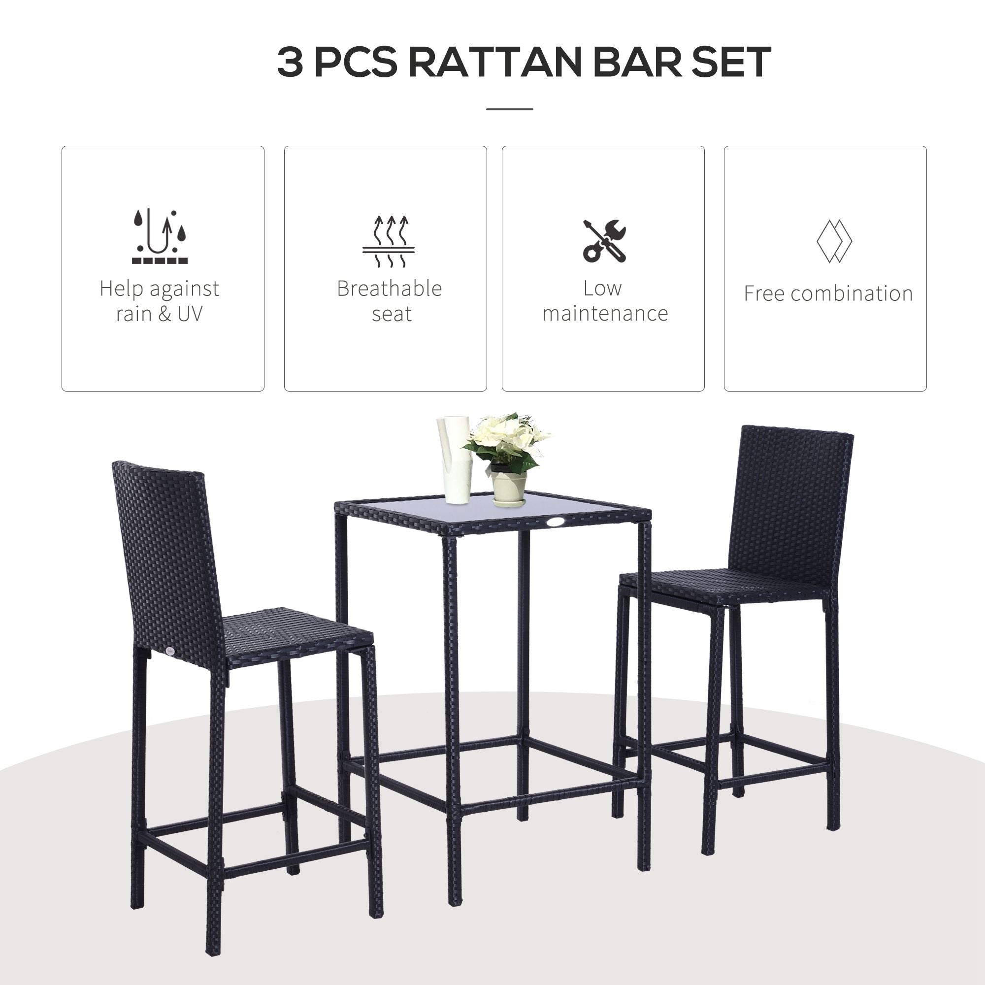 3 Piece Patio Bar Set Wicker Rattan Garden Bistro Set Barstool and Table for Patio Backyard Balcony Poolside, Black Bistro Sets at Gallery Canada